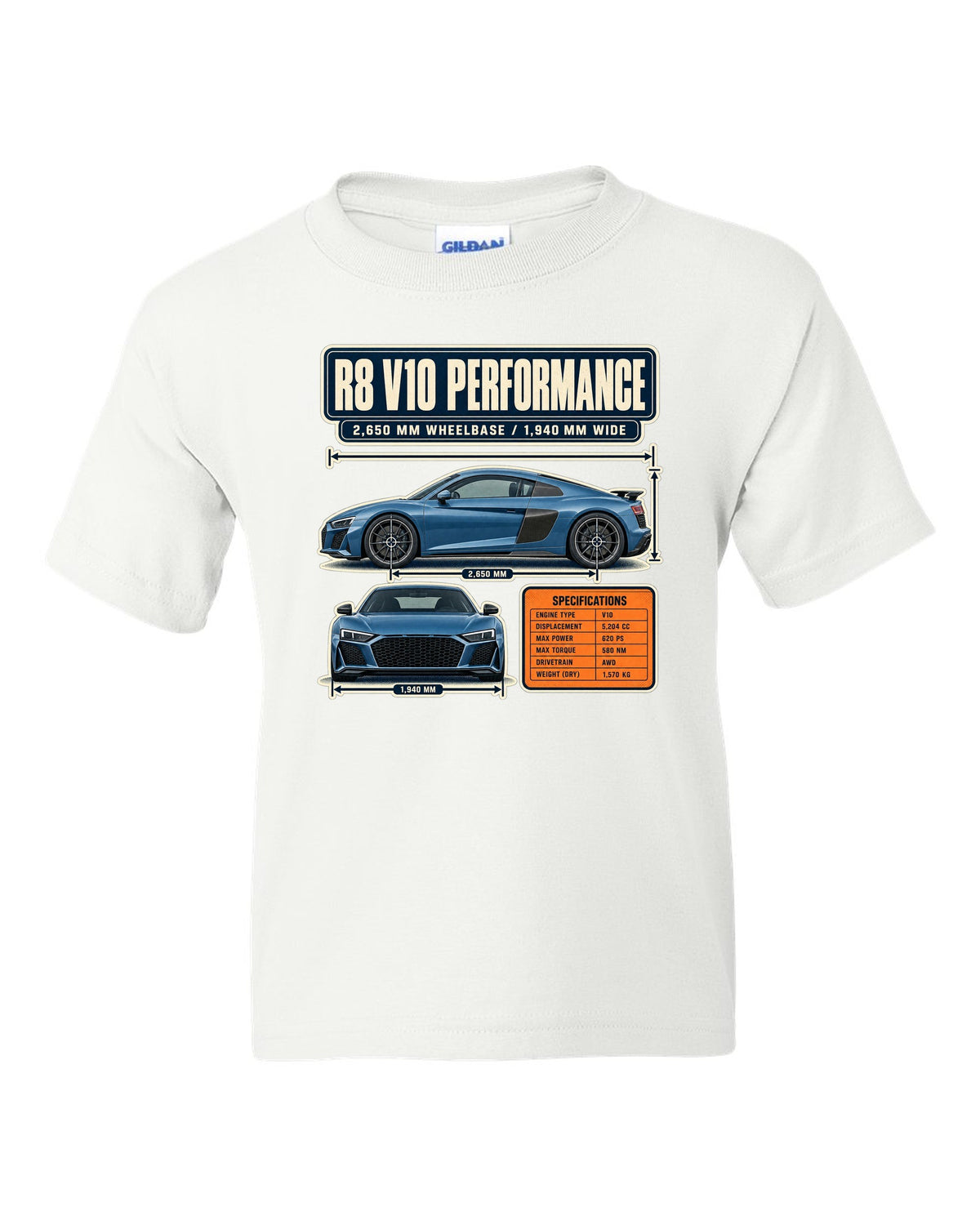 Audi R8 V10 performance Type 4S dimension blueprint print design white kids tee front view with the design