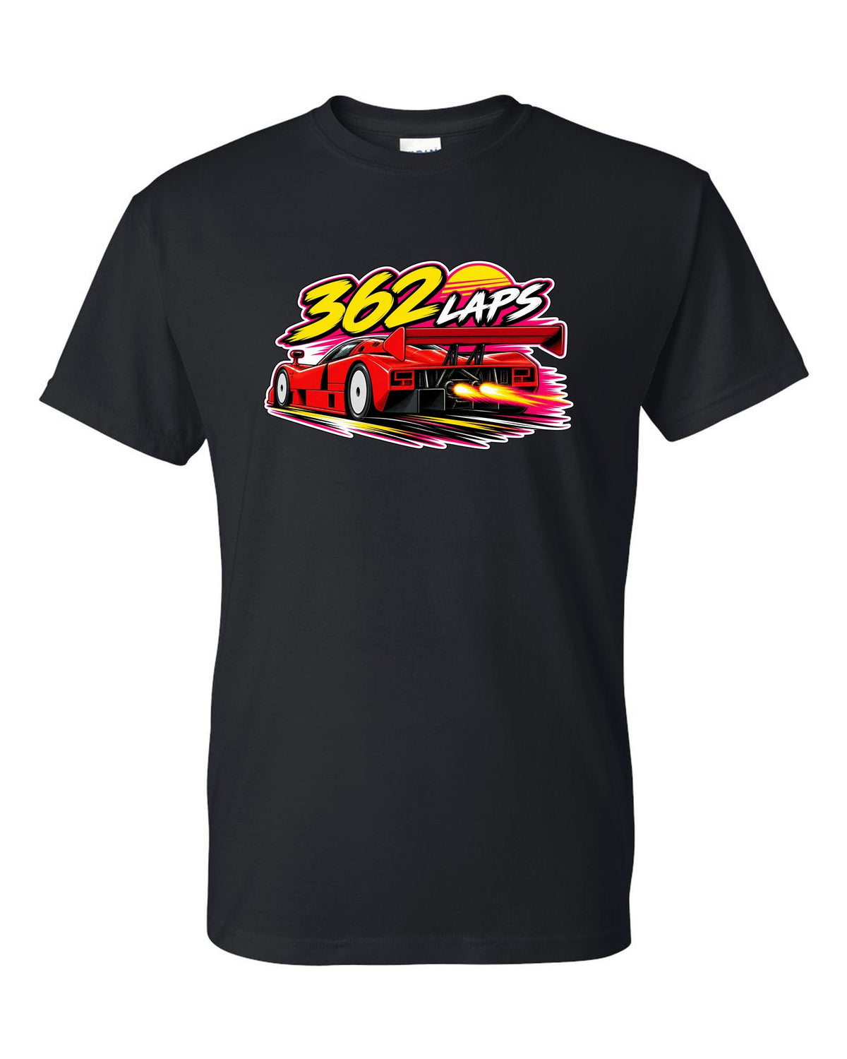 Retro 90s racing sticker-bomb collage for the Mazda 787B with 362 LAPS lettering black t-shirt front view with the design