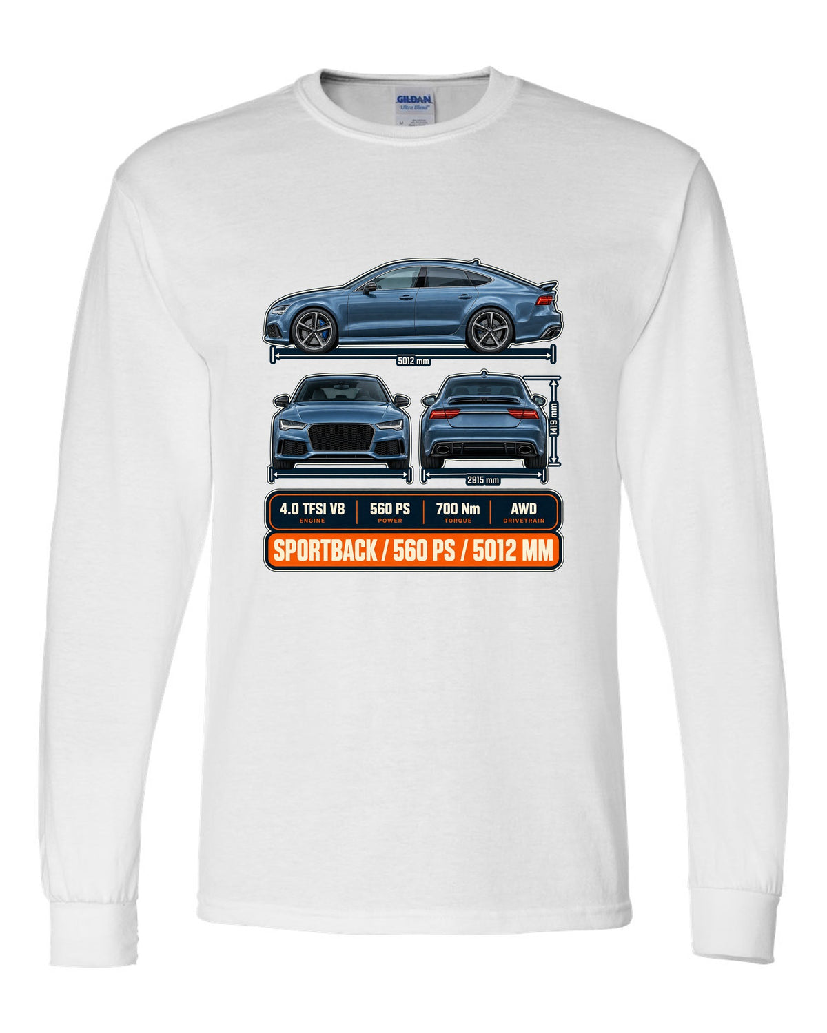 Audi RS7 Sportback C7 three-view drawing in graphite-blue print with 560 PS white long sleeve front view with the design