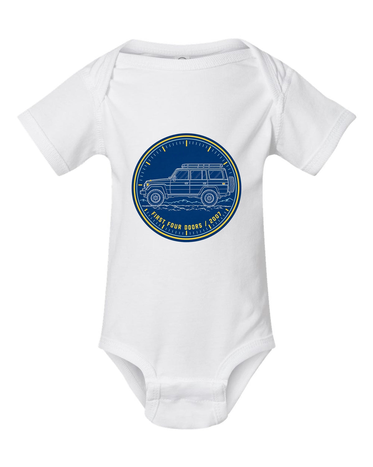 Jeep Wrangler JKU cyanotype blueprint design reading first four doors 2007 white baby onesie front view with the design