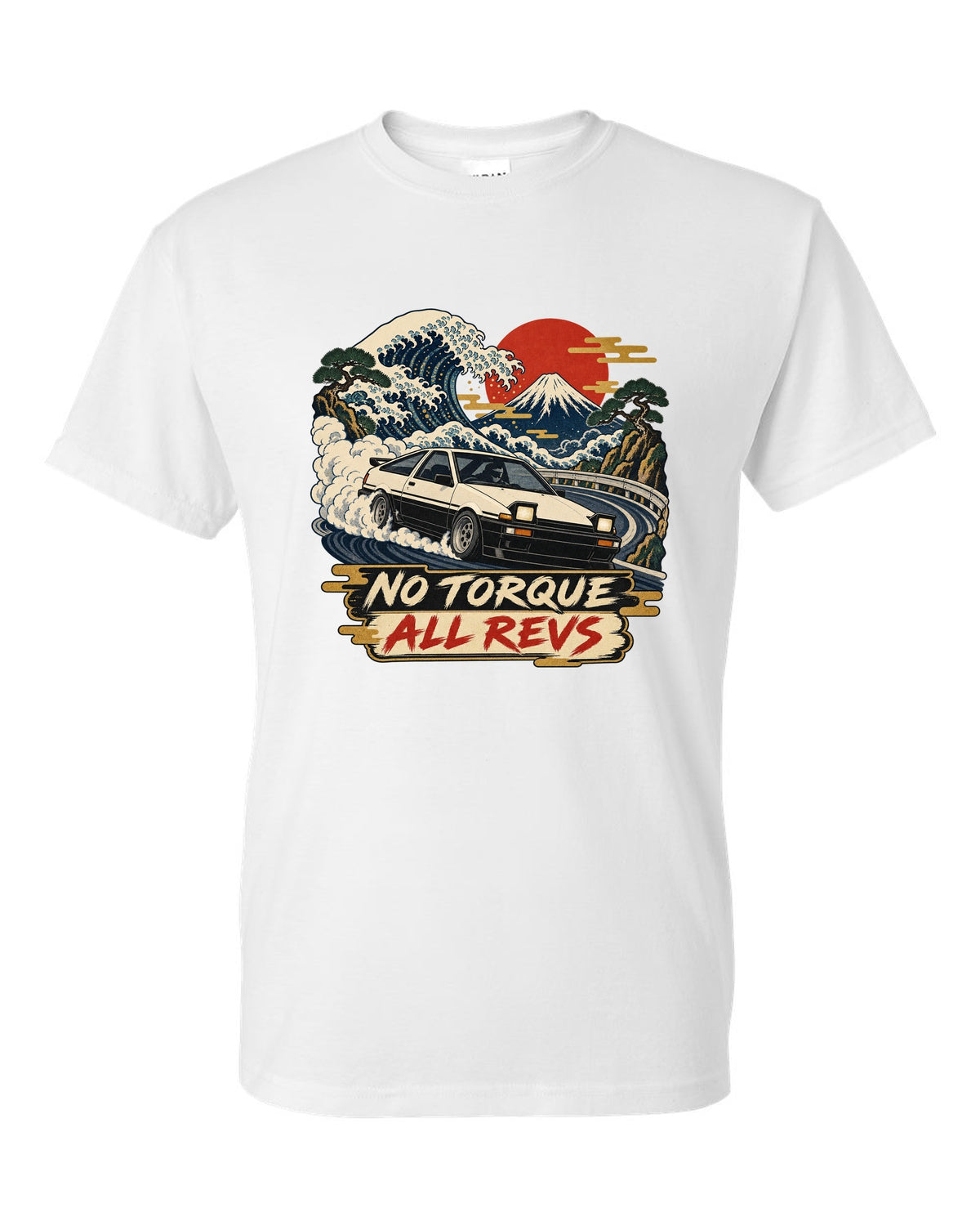 Woodblock ukiyo-e print of a 1985 Toyota Sprinter Trueno AE86 with No Torque All Revs lettering white t-shirt front view with the design