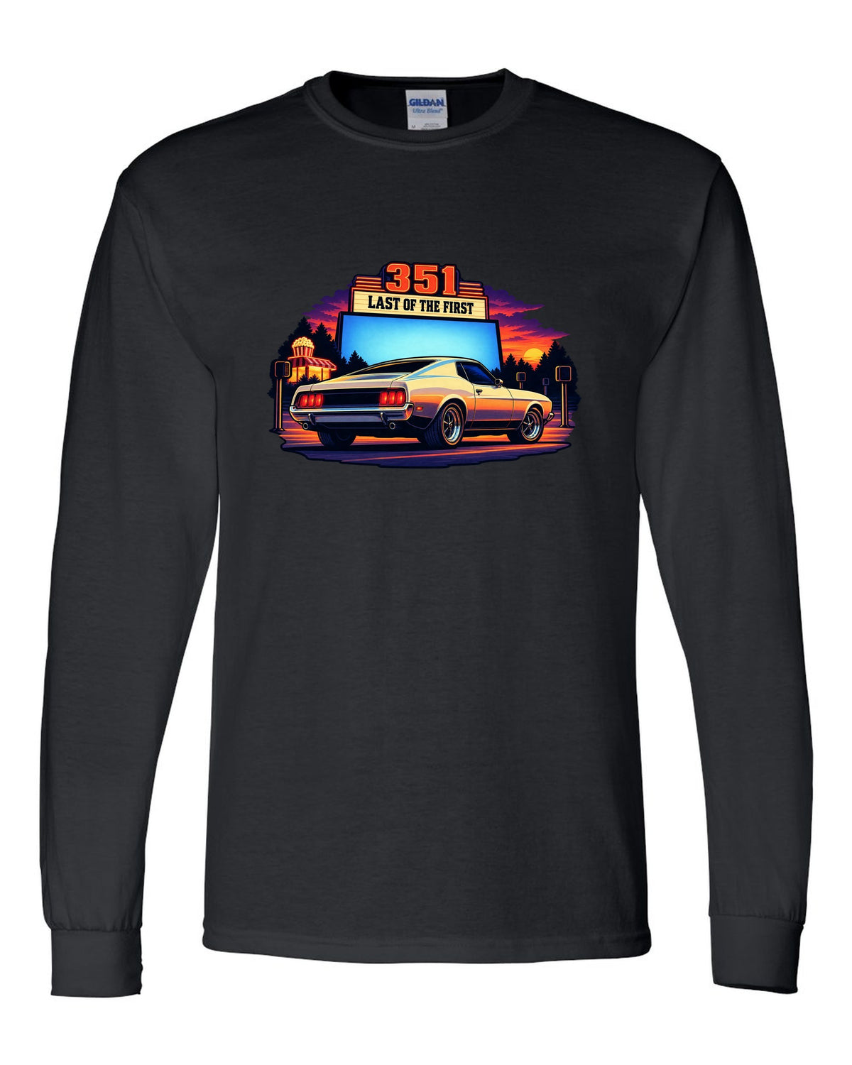 Cel-shaded anime print of a 1973 Ford Mustang fastback at a drive-in black long sleeve front view with the design