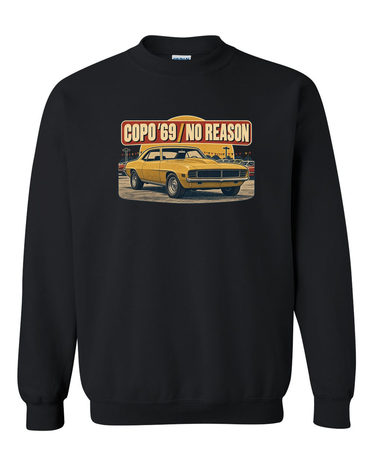 1970s catalogue ad layout with halftone shading of a 1969 Chevrolet Camaro COPO-style coupe black crewneck front view with the design