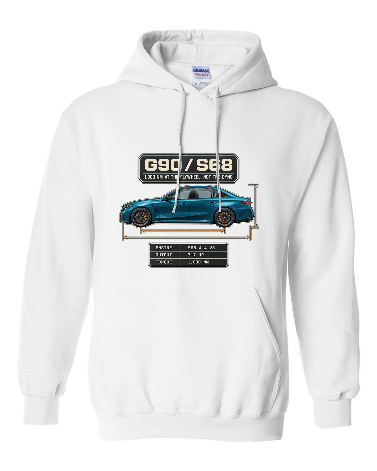 BMW M5 G90 sedan dimension blueprint profile print on a tee white pull over hoodie front view with the design