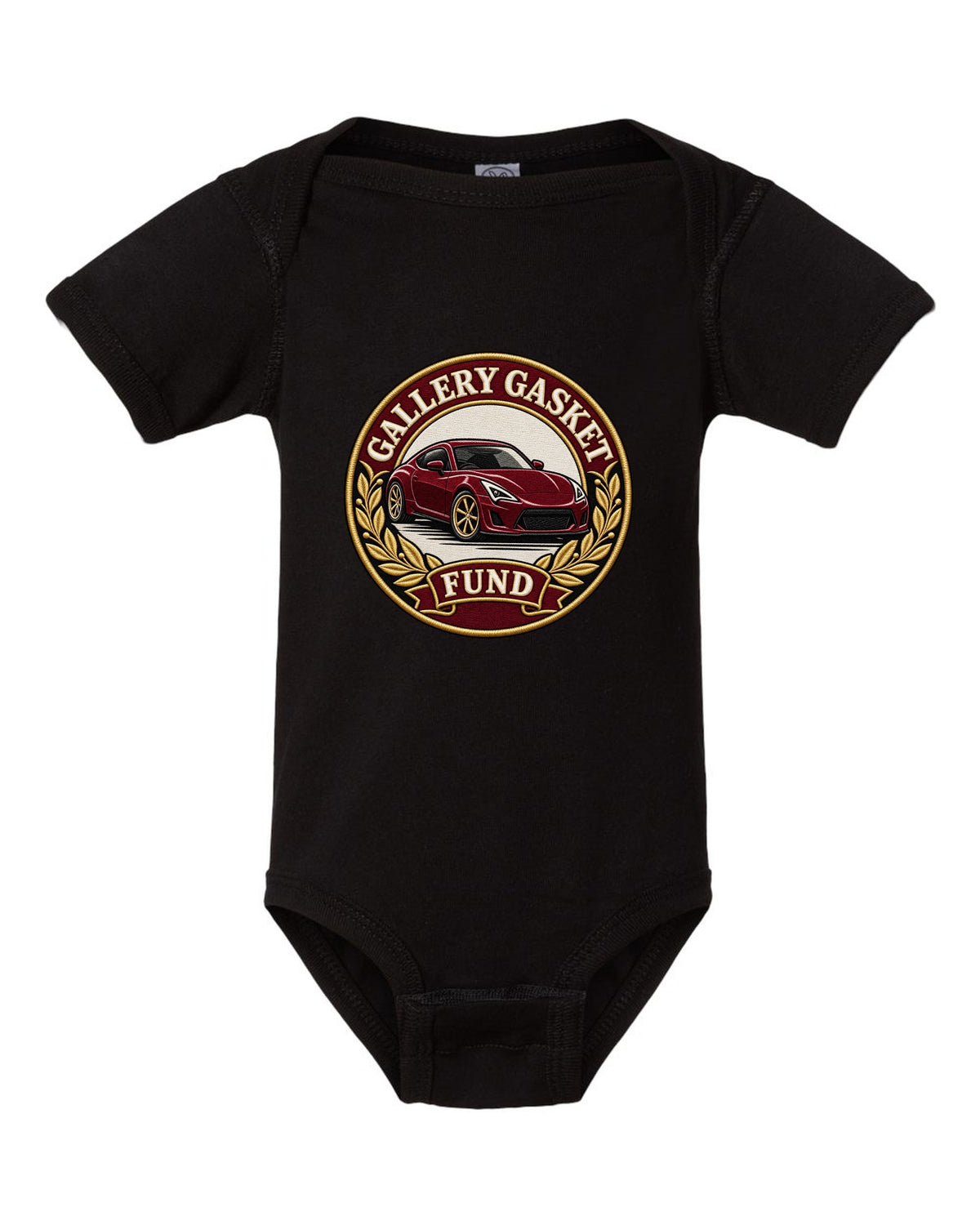 Round crest print for a Nissan 350Z Z33 with gallery gasket fund text black baby onesie front view with the design