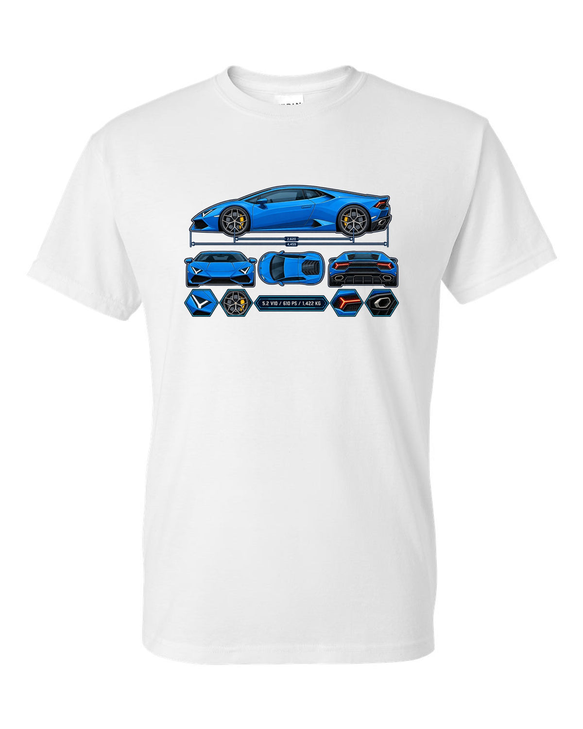 Colour technical blueprint of a Lamborghini Huracan LP610-4 with text 5.2 V10 / 610 PS / 1,422 KG white t-shirt front view with the design