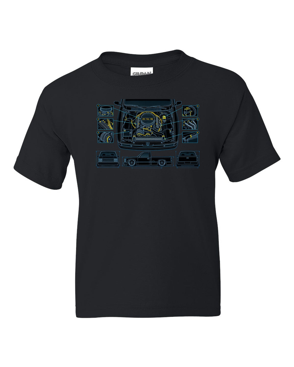 Technical blueprint print of the engine bay on a 1990-93 Chevrolet 454 SS pickup with L19 7.4L 454 text black kids tee front view with the design