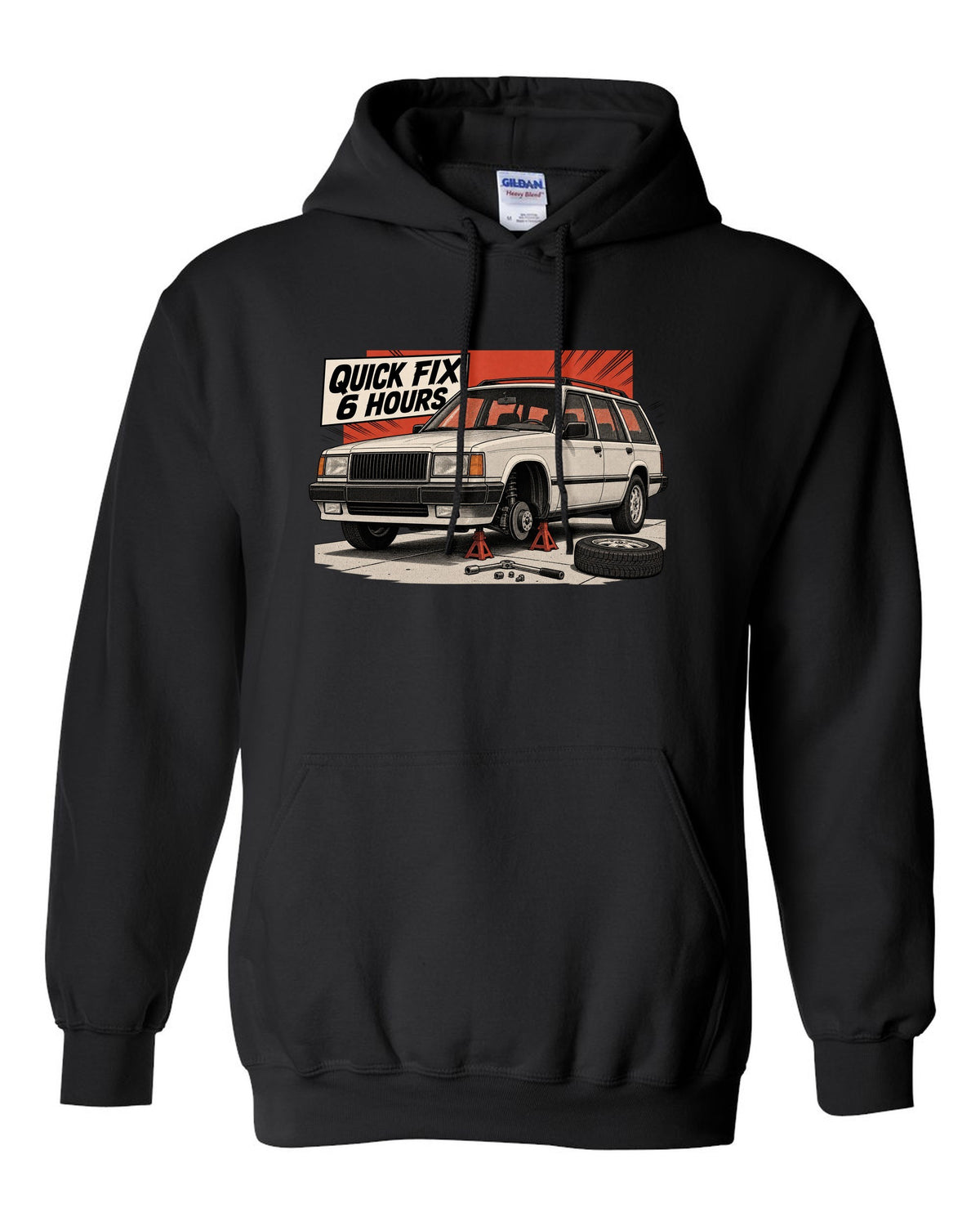 Retro manga halftone panel of a Jeep Cherokee XJ on jack stands with Quick Fix 6 Hours text black pull over hoodie front view with the design