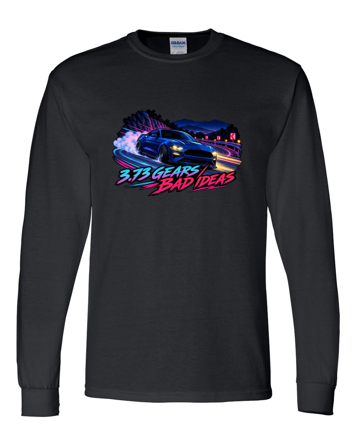 Cel-shaded anime night touge print of a 2015-2023 S550 Mustang fastback with 3.73 Gears text black long sleeve front view with the design