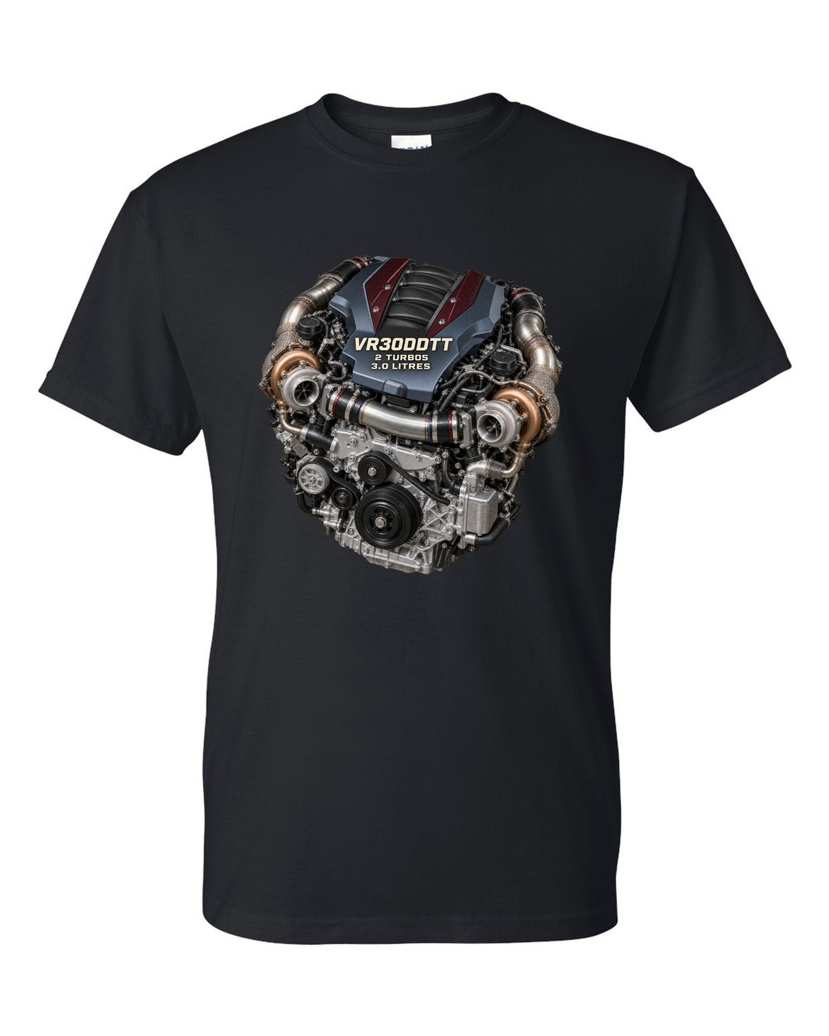 Hero image of a Nissan VR30DDTT twin-turbo V6 engine from the RZ34 Z black t-shirt front view with the design