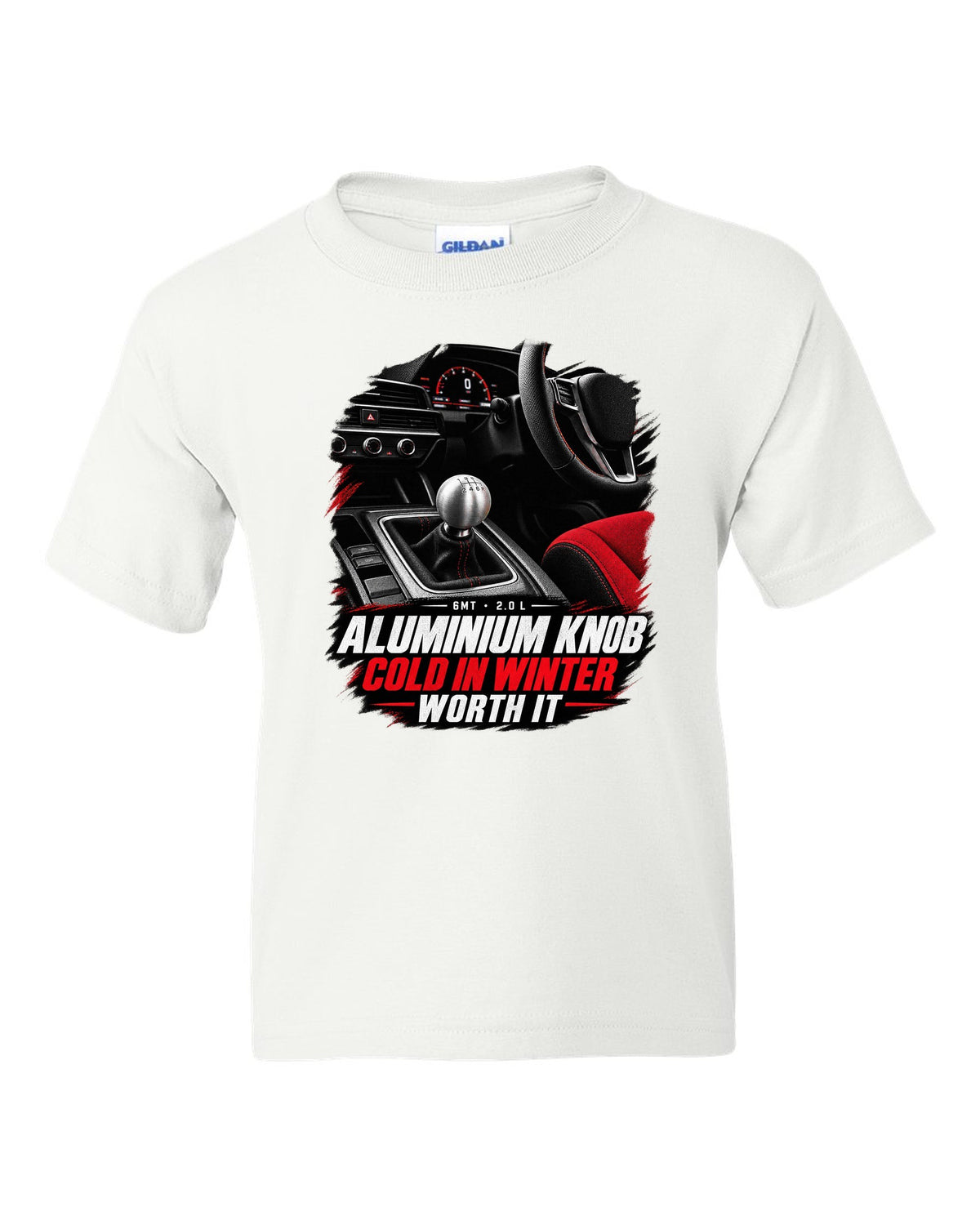 Honda Civic FL5 cockpit gauge design with aluminium shift knob text white kids tee front view with the design
