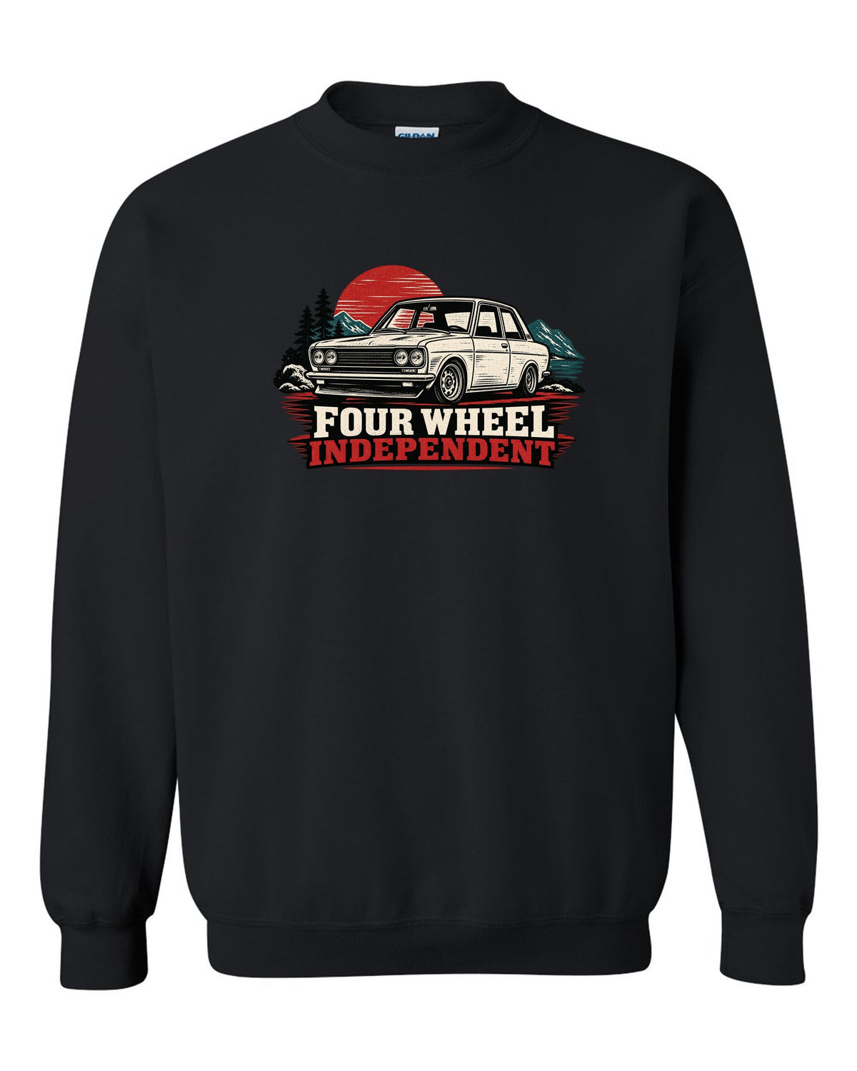 Linocut print of a Datsun 510 with Four Wheel Independent lettering black crewneck front view with the design