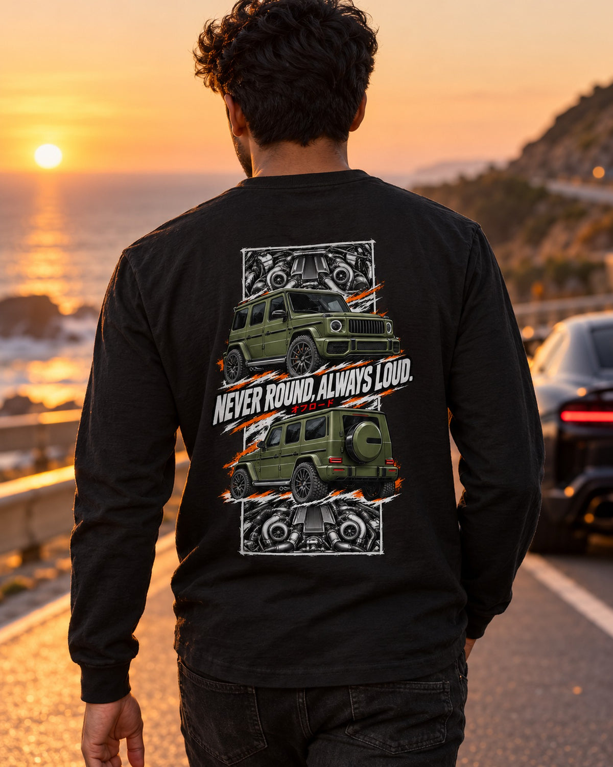 Mercedes-AMG G63 Torn Poster Full-Back Graphic Tee Long Sleeve Black worn hero