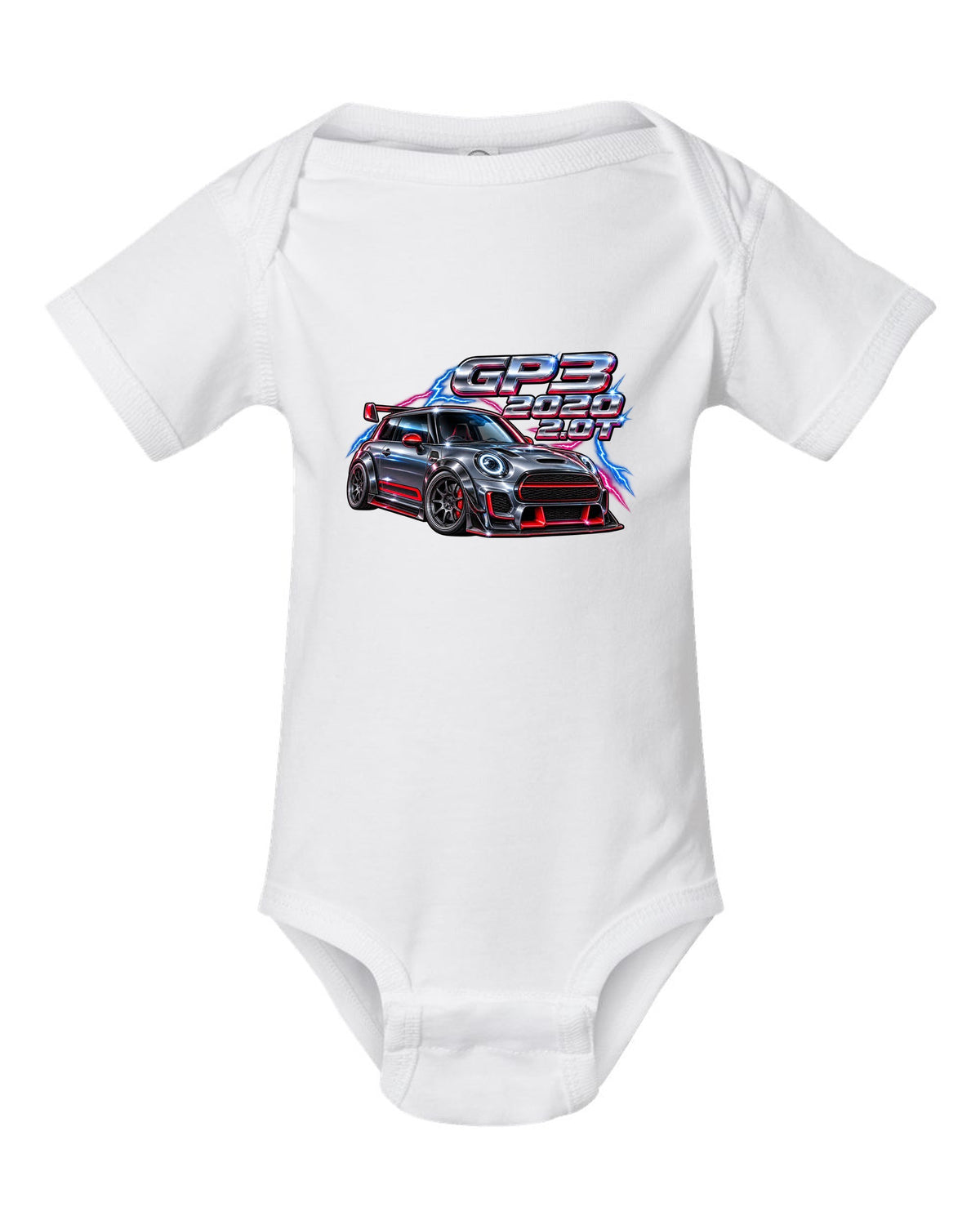80s airbrush chrome artwork of the Mini JCW GP F56 GP3 white baby onesie front view with the design