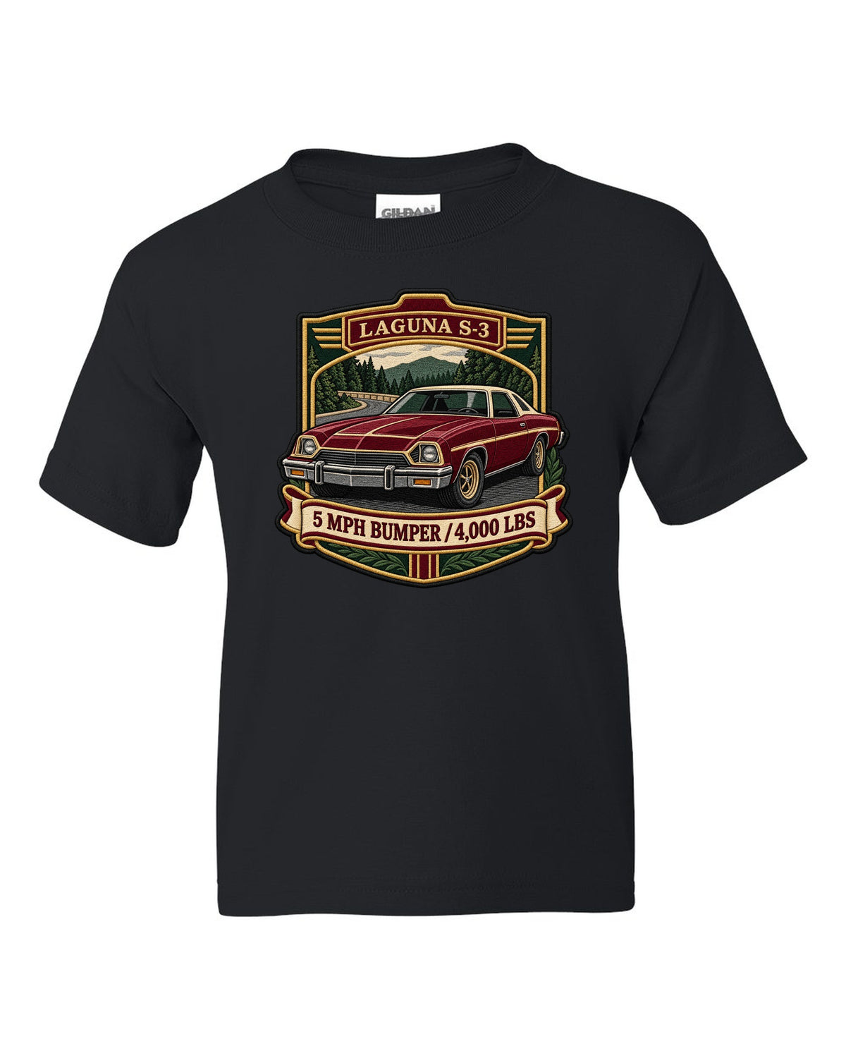 Embroidery patch style crest illustration of a 1973 Chevrolet Chevelle Laguna S-3 black kids tee front view with the design