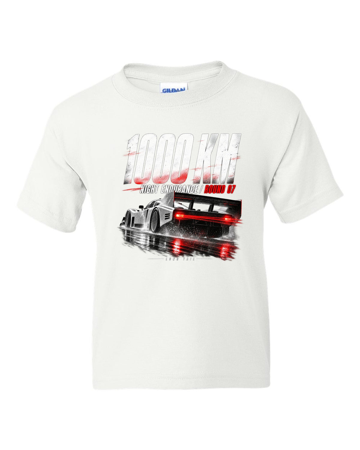 Porsche 962 Group C night endurance race poster print white kids tee front view with the design