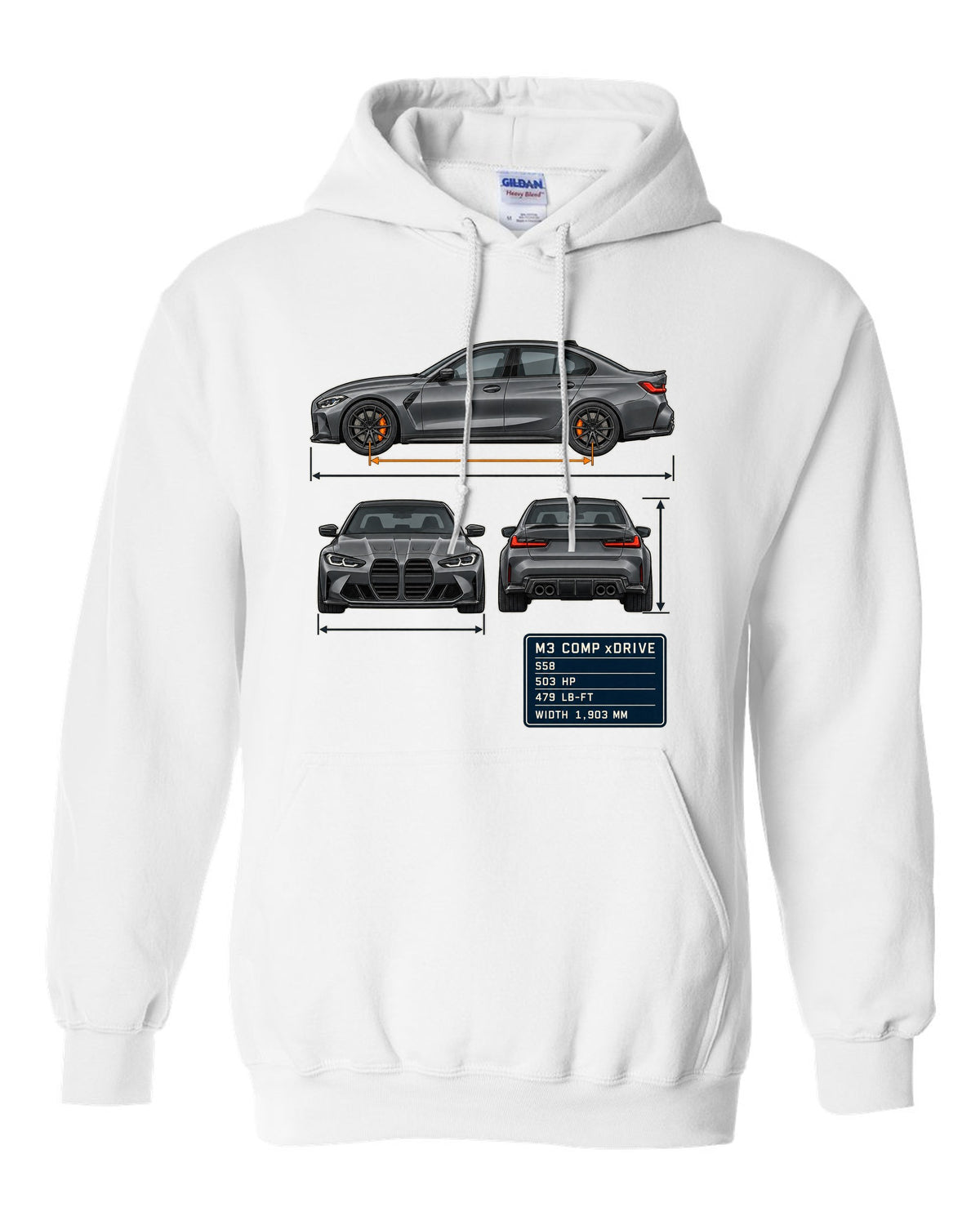 BMW M3 Competition xDrive G80 three-view drawing with spec table print white pull over hoodie front view with the design