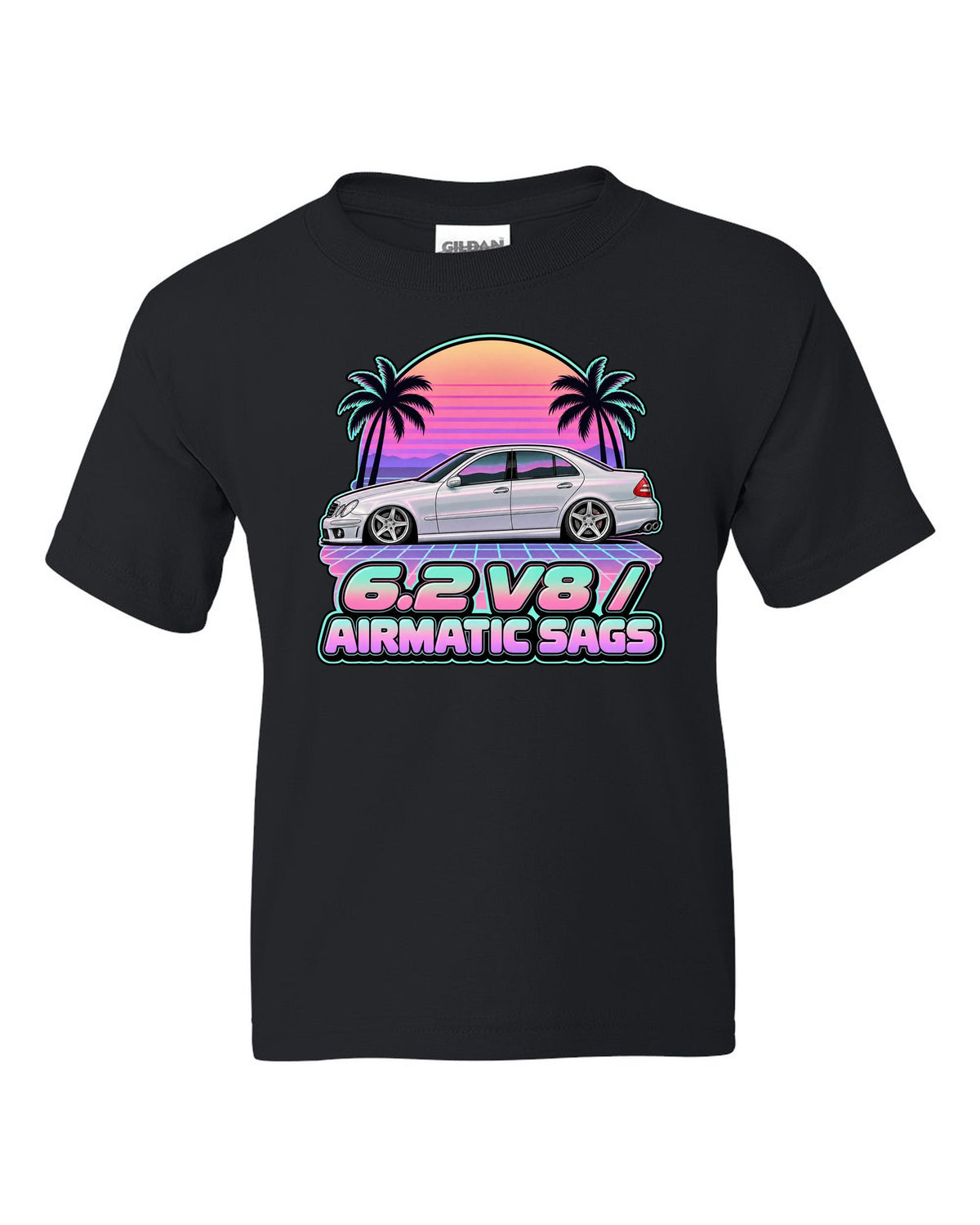 Vaporwave pastel print of a Mercedes E63 AMG W211 with Airmatic text black kids tee front view with the design