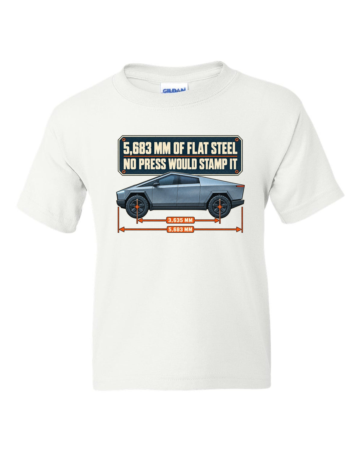Dimension blueprint print of a Tesla Cybertruck with 5,683 mm length white kids tee front view with the design
