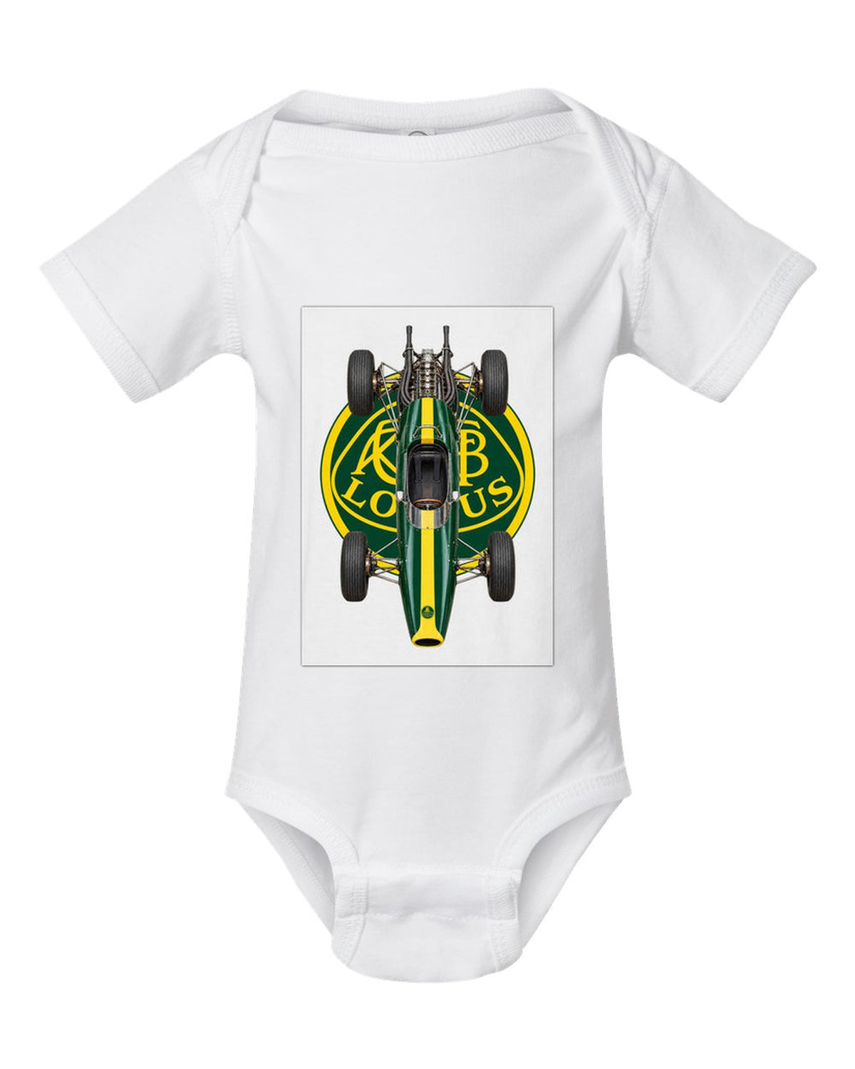 Lotus 25 1963 Formula 1 overhead poster artwork white baby onesie front view with the design