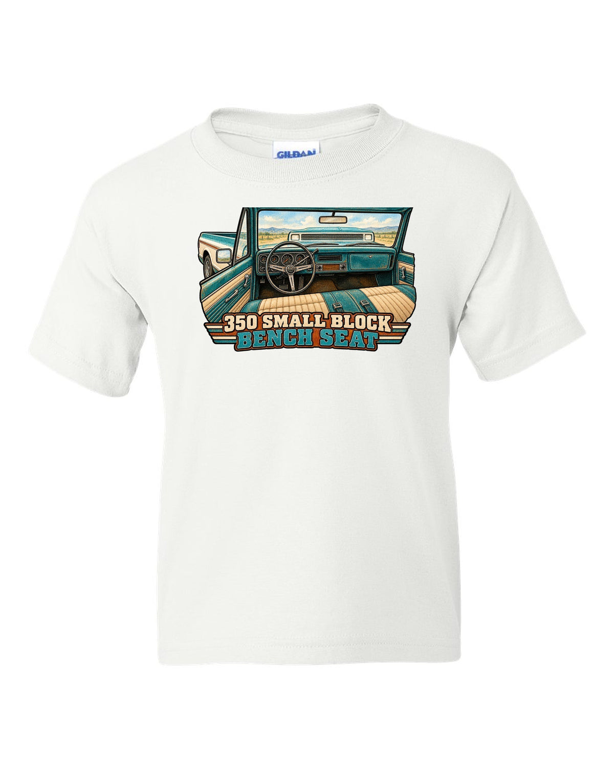 Watercolour wash print of a 1971 Chevrolet C10 Cheyenne with 350 Small Block and Bench Seat text white kids tee front view with the design