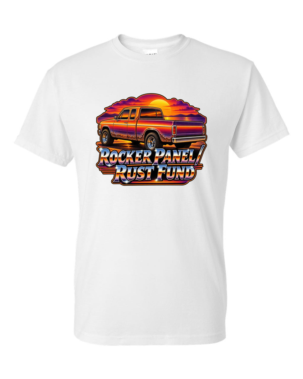 70s airbrush sunset print of a 1999-2006 Chevrolet Silverado GMT800 with Rocker Panel Rust Fund text white t-shirt front view with the design