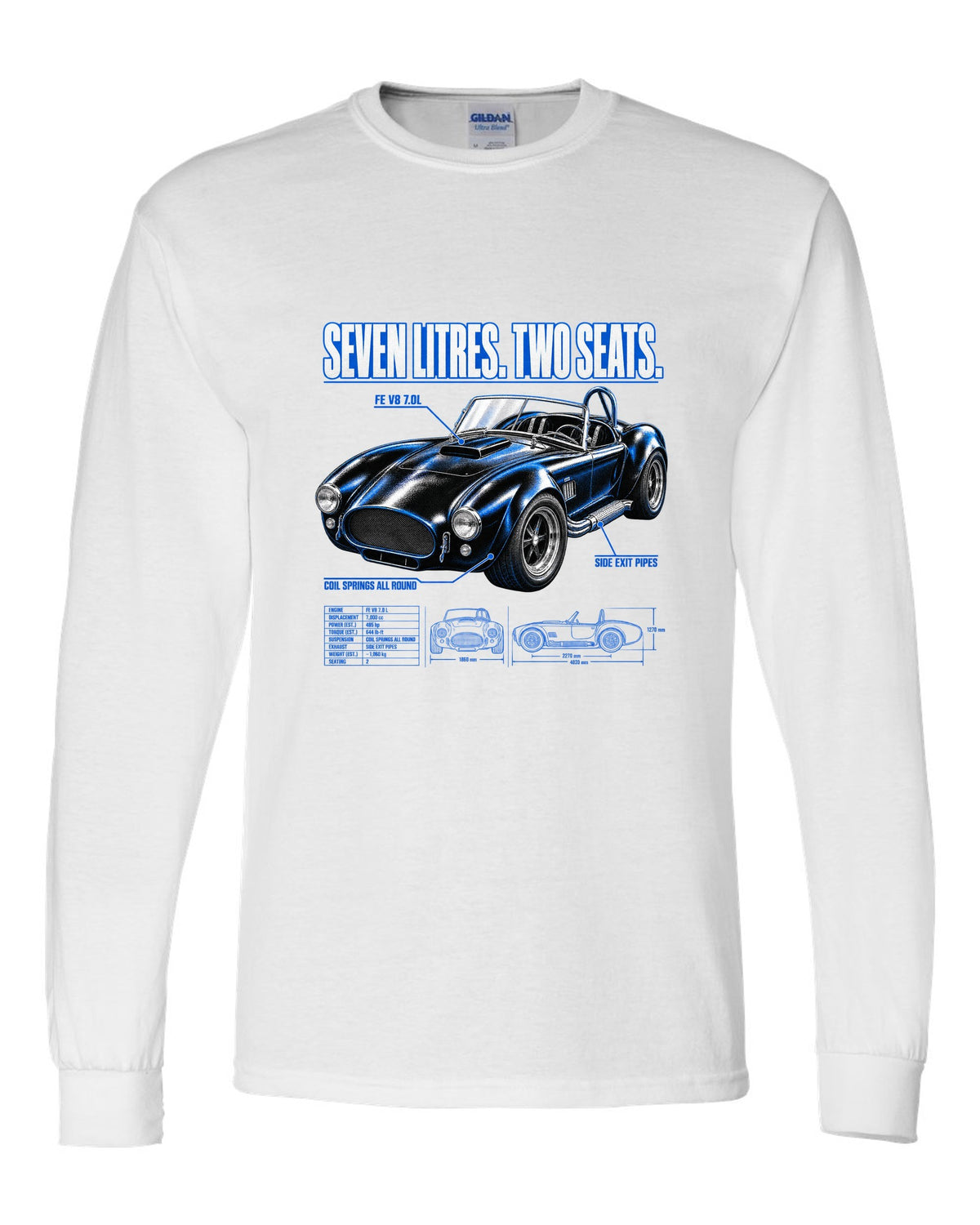 Top-down spec poster print of a 1965-1967 Shelby-style 427 roadster white long sleeve front view with the design