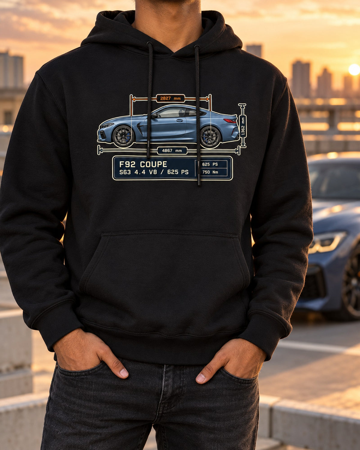 BMW M8 Competition Coupe F92 Dimension Blueprint Shirt Pull Over Hoodie Black worn hero