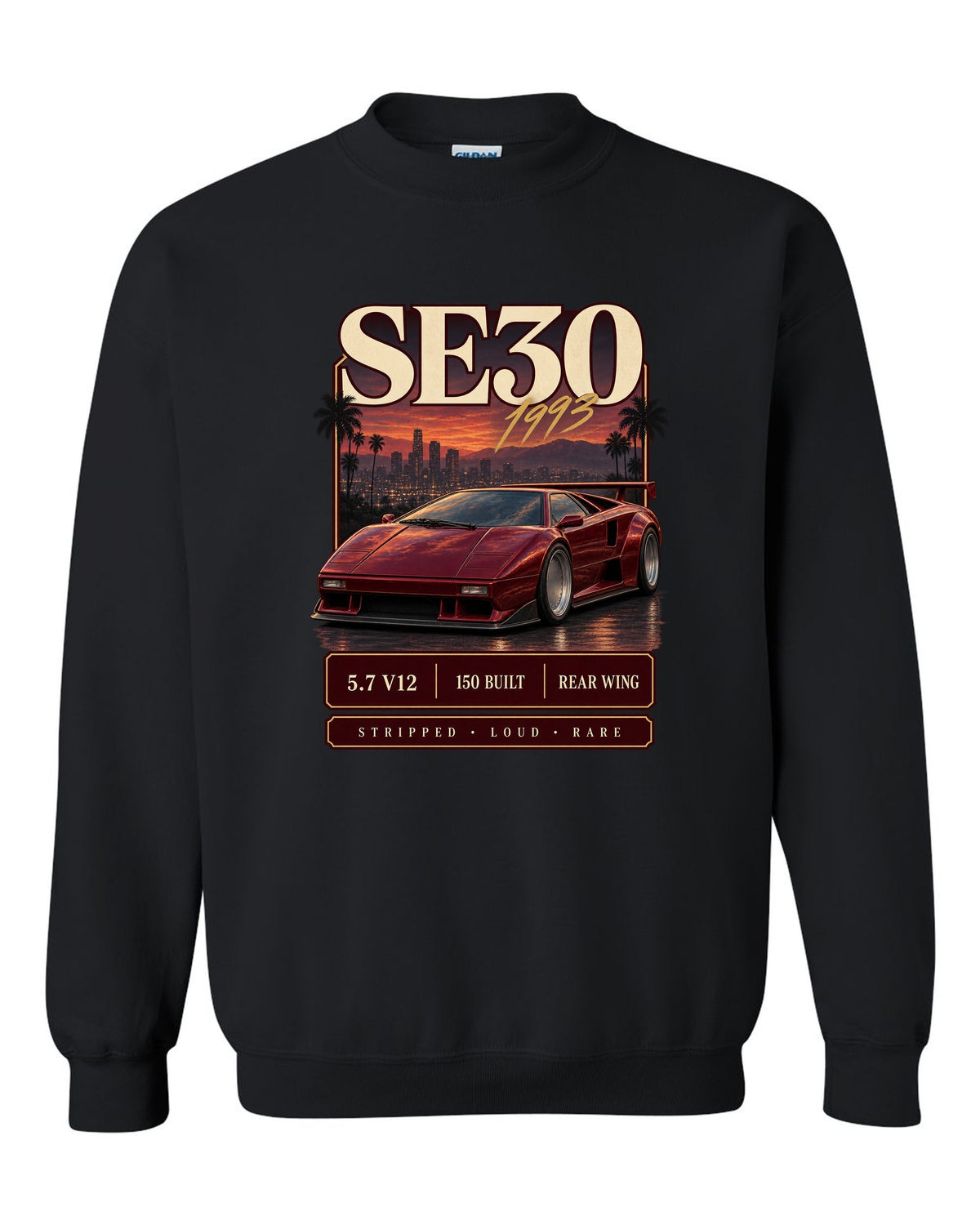 Archive panel print of a Lamborghini Diablo SE30 with 5.7 V12 and 150 built text black crewneck front view with the design