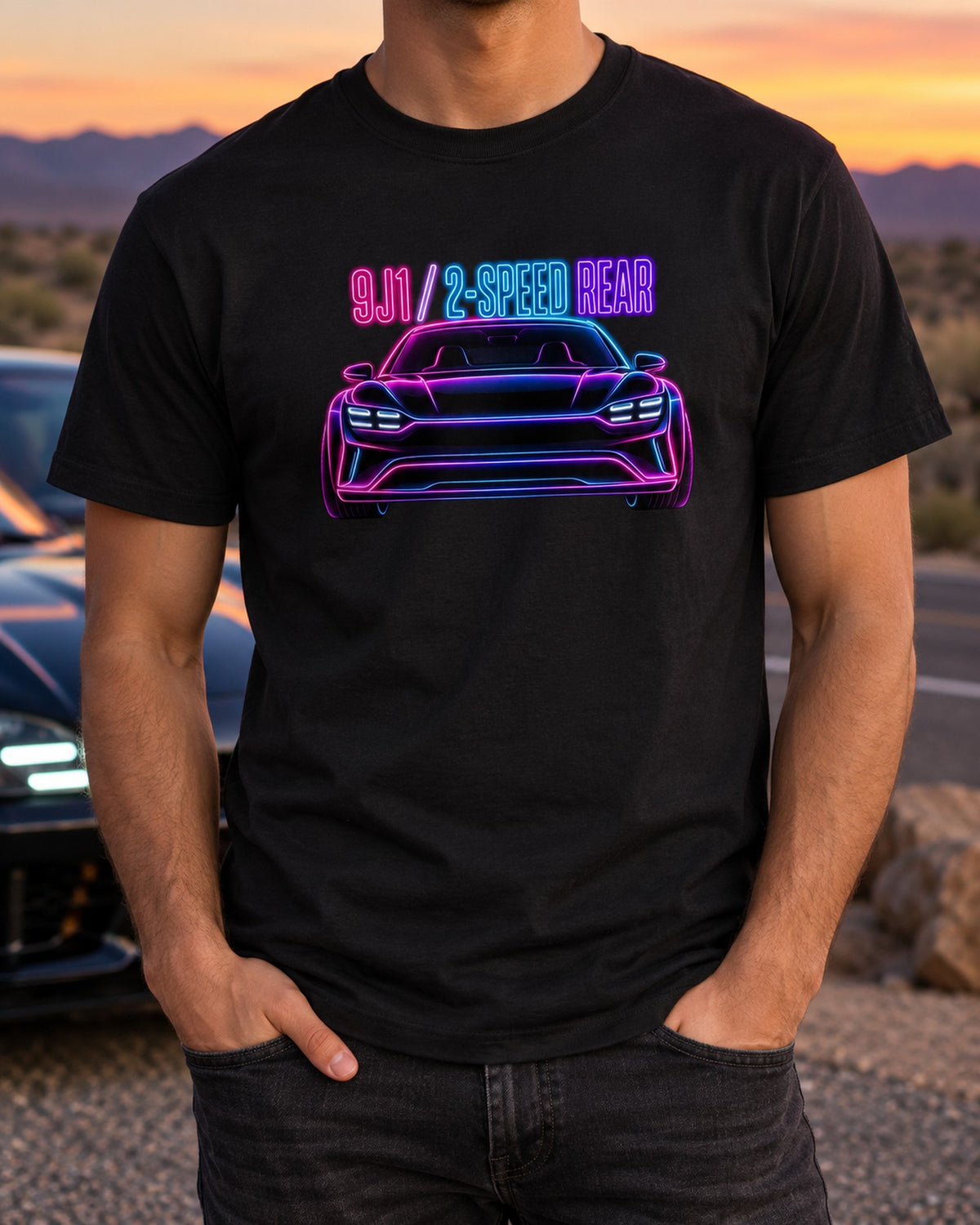 Porsche Taycan Turbo S 9J1 Neon Outline Shirt, EV Gift T-Shirt Black worn hero