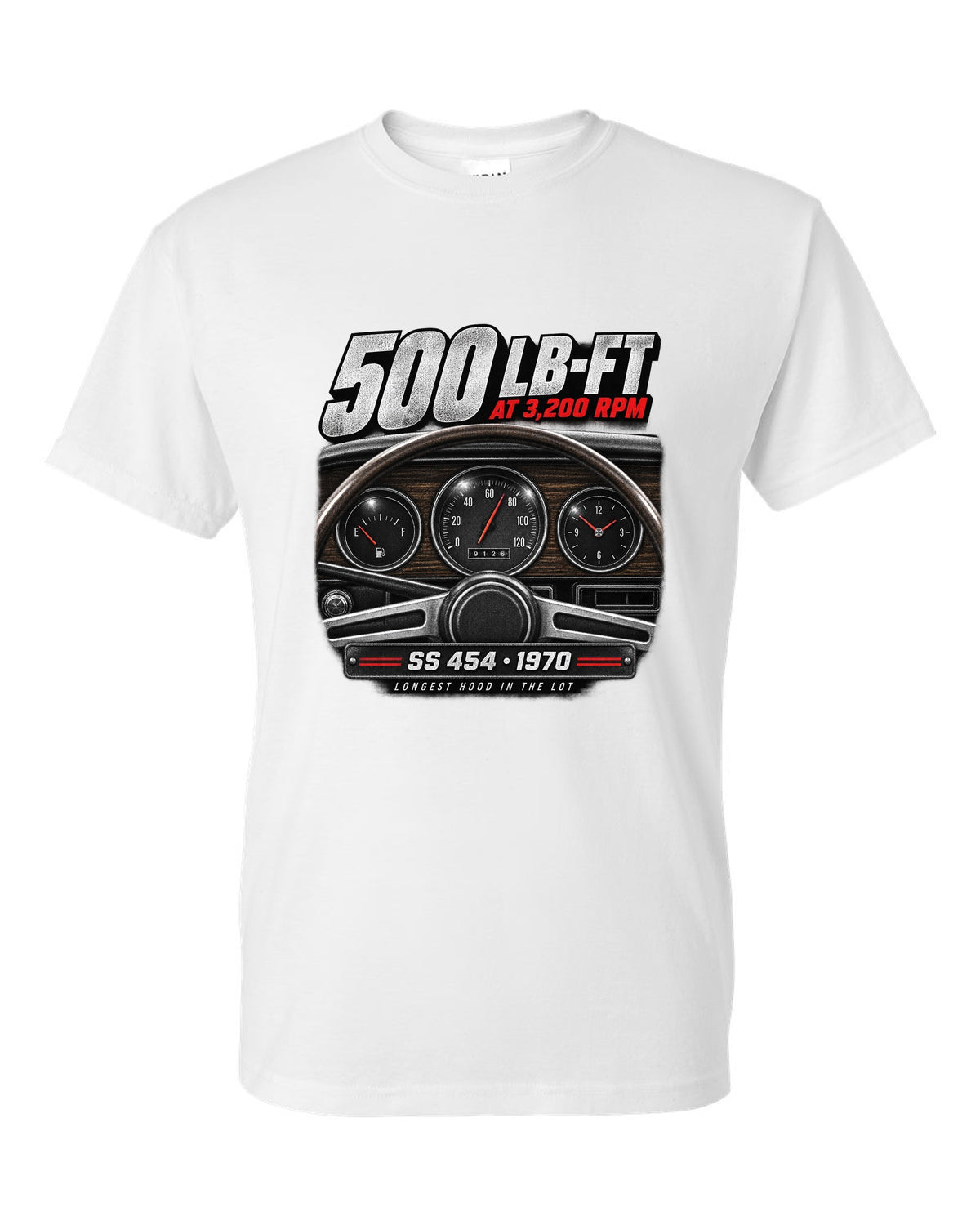1970 Monte Carlo SS 454 gauge cockpit print with 500 lb-ft torque text white t-shirt front view with the design
