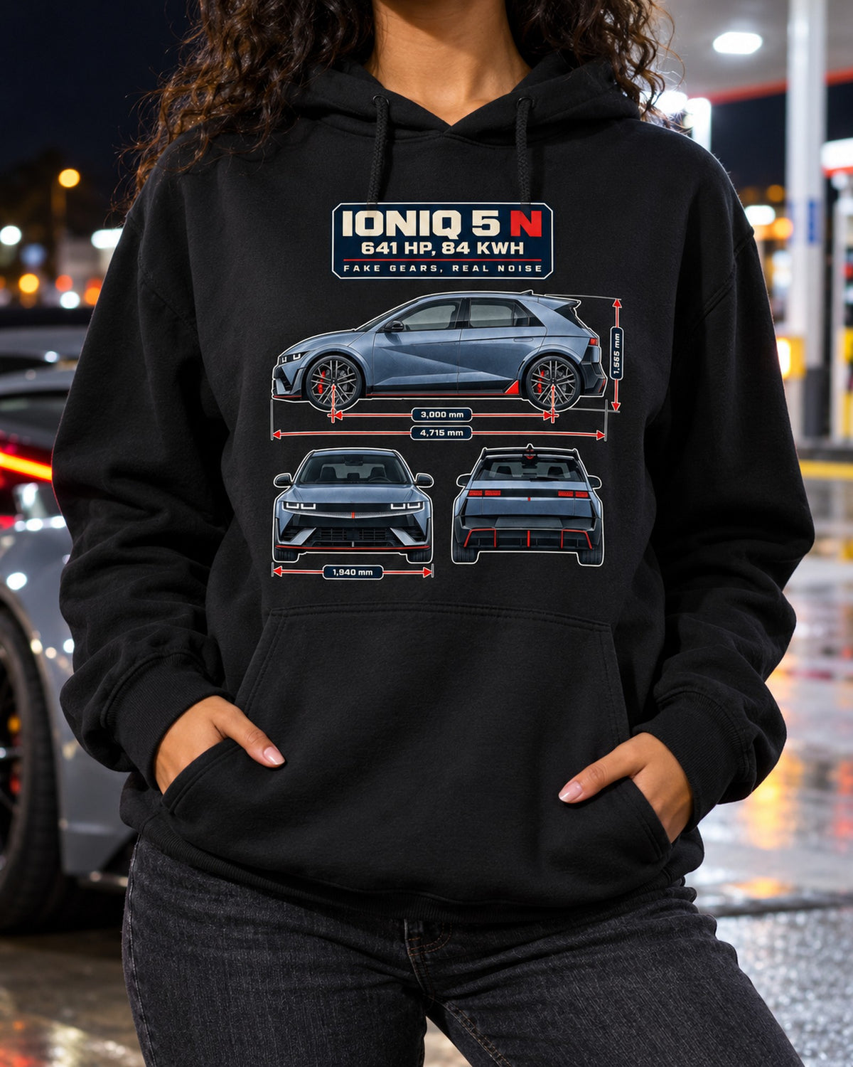 Hyundai Ioniq 5 N 2024 Blueprint Shirt, 641 HP EV Gift Pull Over Hoodie Black worn hero