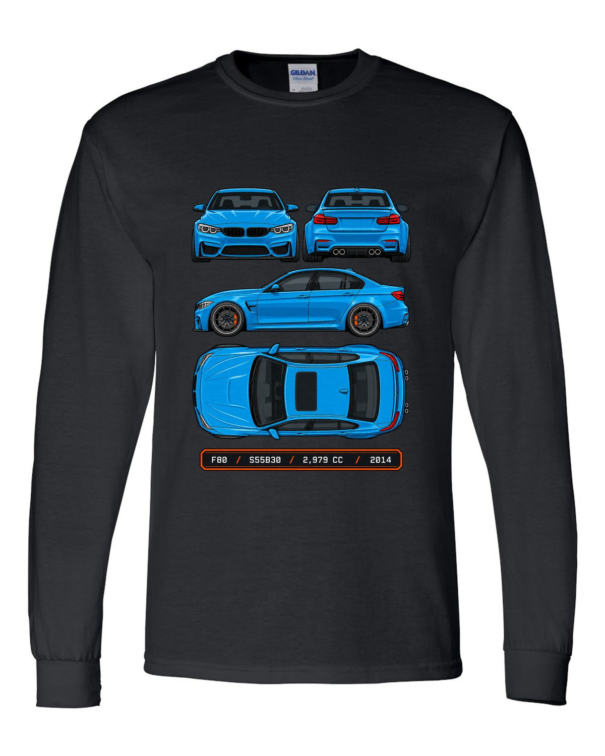 Spec plate style print of a BMW F80 M3 sedan with F80 S55B30 2,979 cc 2014 text black long sleeve front view with the design