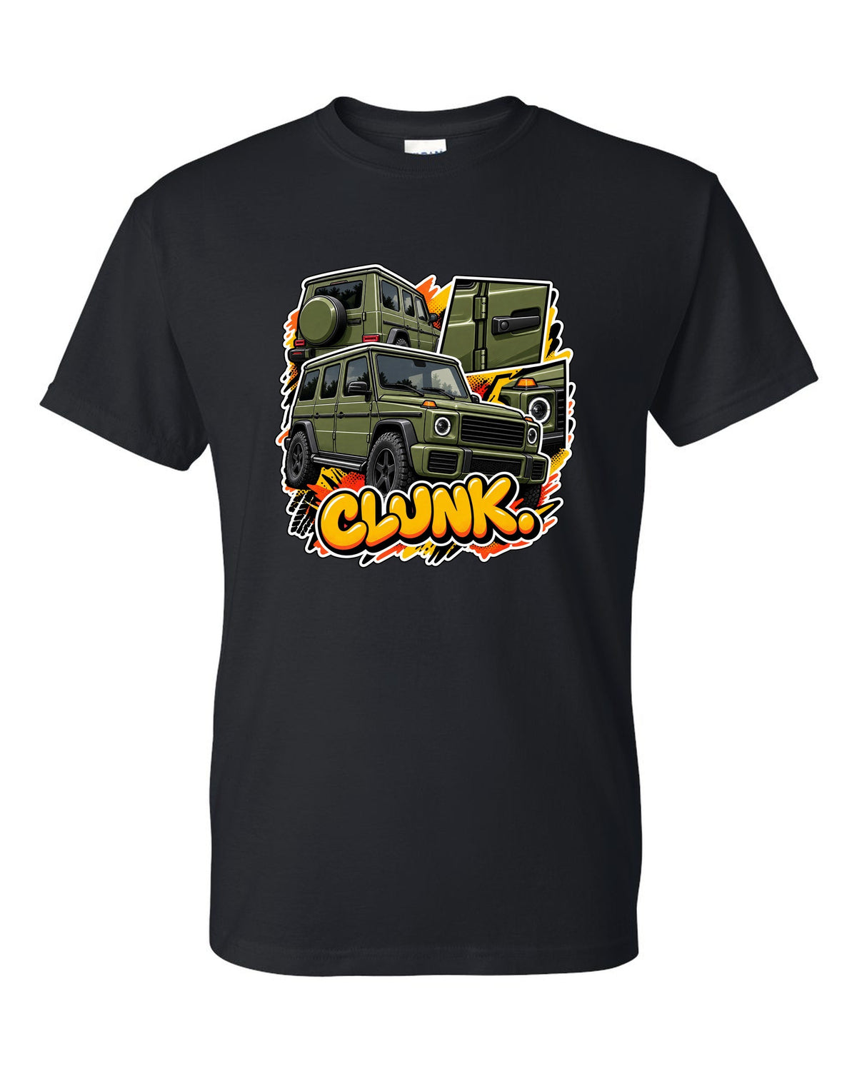Stencil spray street art graphic of a Mercedes G63 W464 with round headlights, print black t-shirt front view with the design