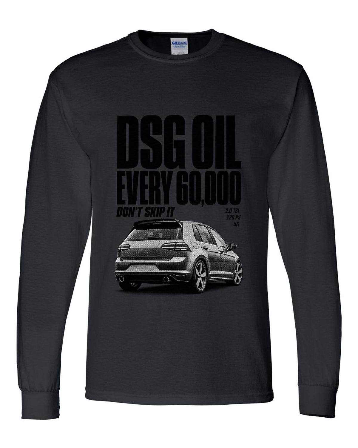Halftone print of a VW Golf Mk7 GTI rear three-quarter with DSG oil service reminder text black long sleeve front view with the design