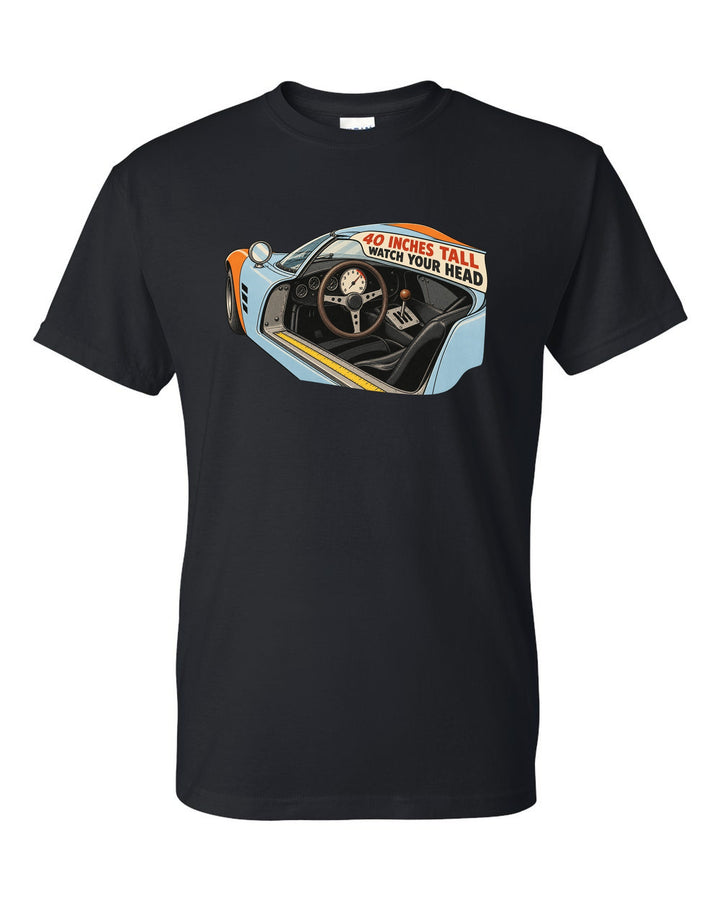 Vintage tyre-ad style print of a Ford GT40 Mk II cockpit with 40 Inches Tall lettering black t-shirt front view with the design