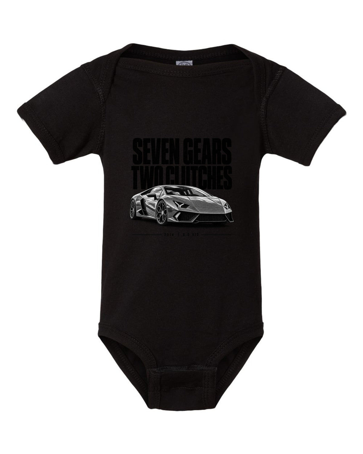 Halftone statement print of a Lamborghini Huracan LP610-4 with Seven Gears, Two Clutches text black baby onesie front view with the design