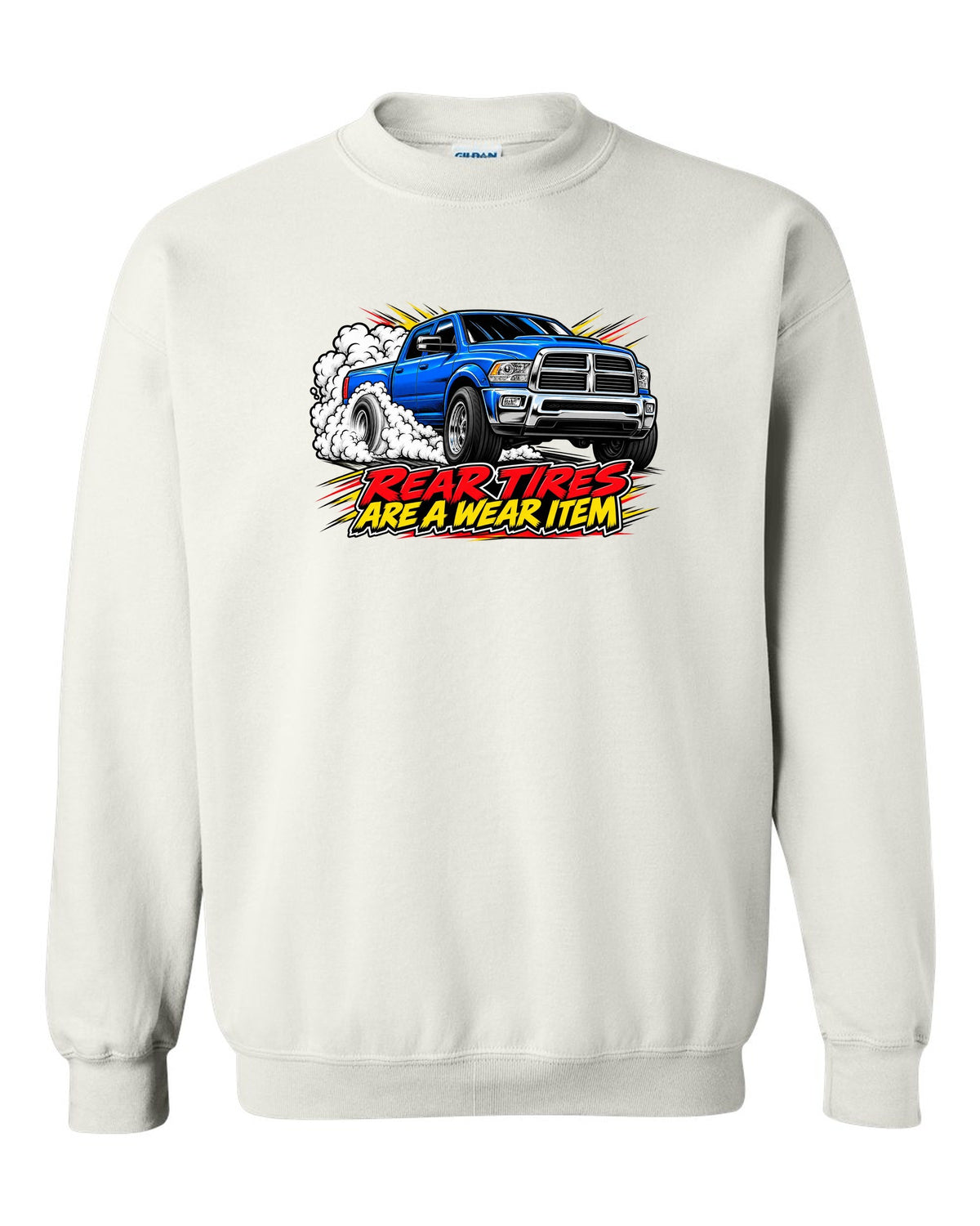 Comic ink burnout print of a 2003-2009 Dodge Ram 2500 5.9 Cummins HO white crewneck front view with the design