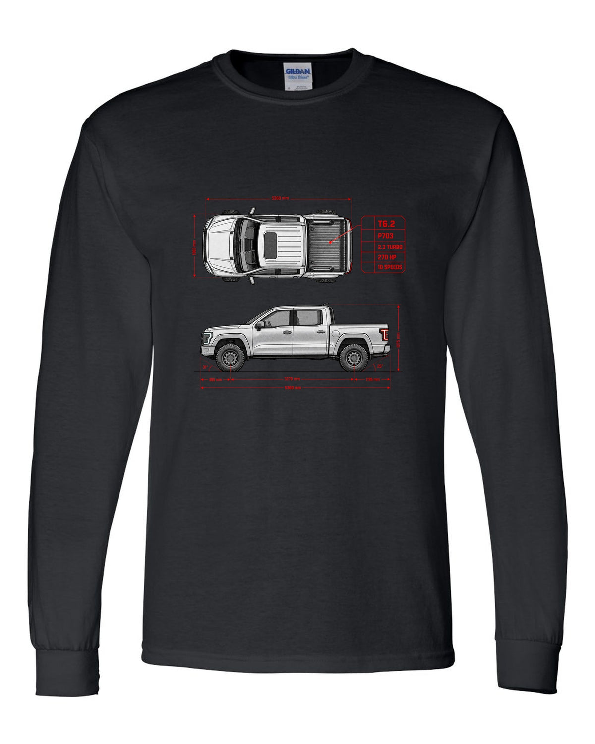 Ford Ranger T6.2 P703 spec poster print with 2.3 turbo, 270 HP and 10 speeds black long sleeve front view with the design