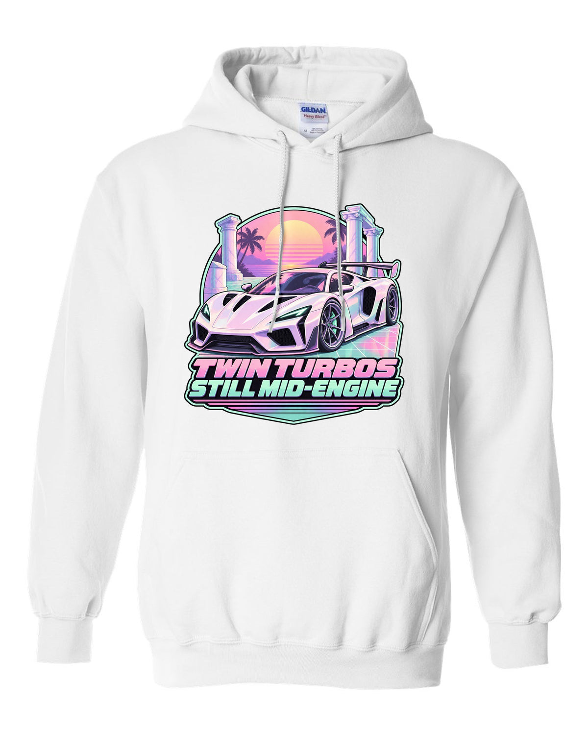 Badge crest design of a 2023 C8 Corvette Z06 with wide rear haunches white pull over hoodie front view with the design