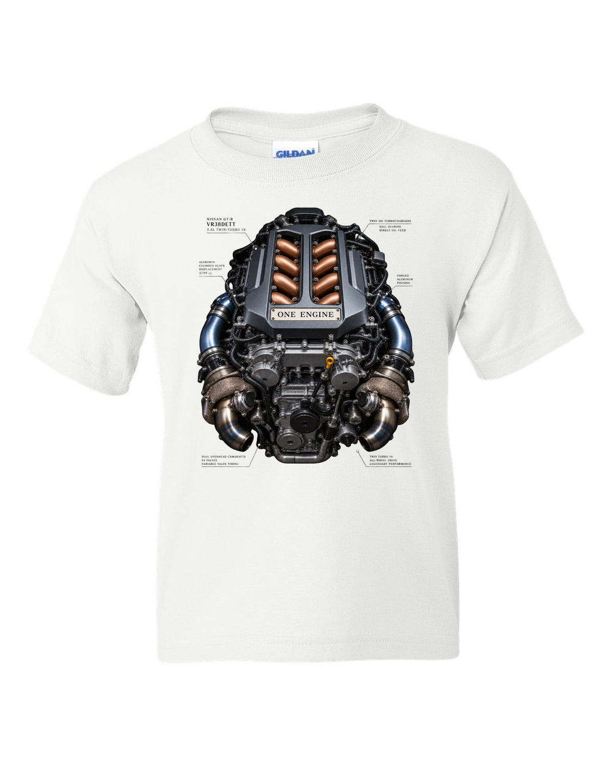 Nissan GT-R VR38DETT twin-turbo V6 engine bay illustration, print design white kids tee front view with the design