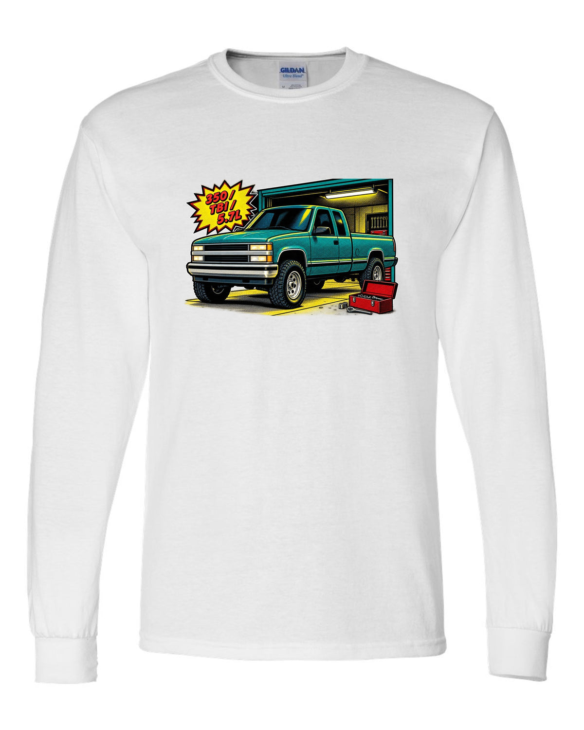 Comic halftone pop-art print of a 1988-1998 Chevrolet GMT400 OBS Silverado with 350 TBI 5.7L text white long sleeve front view with the design