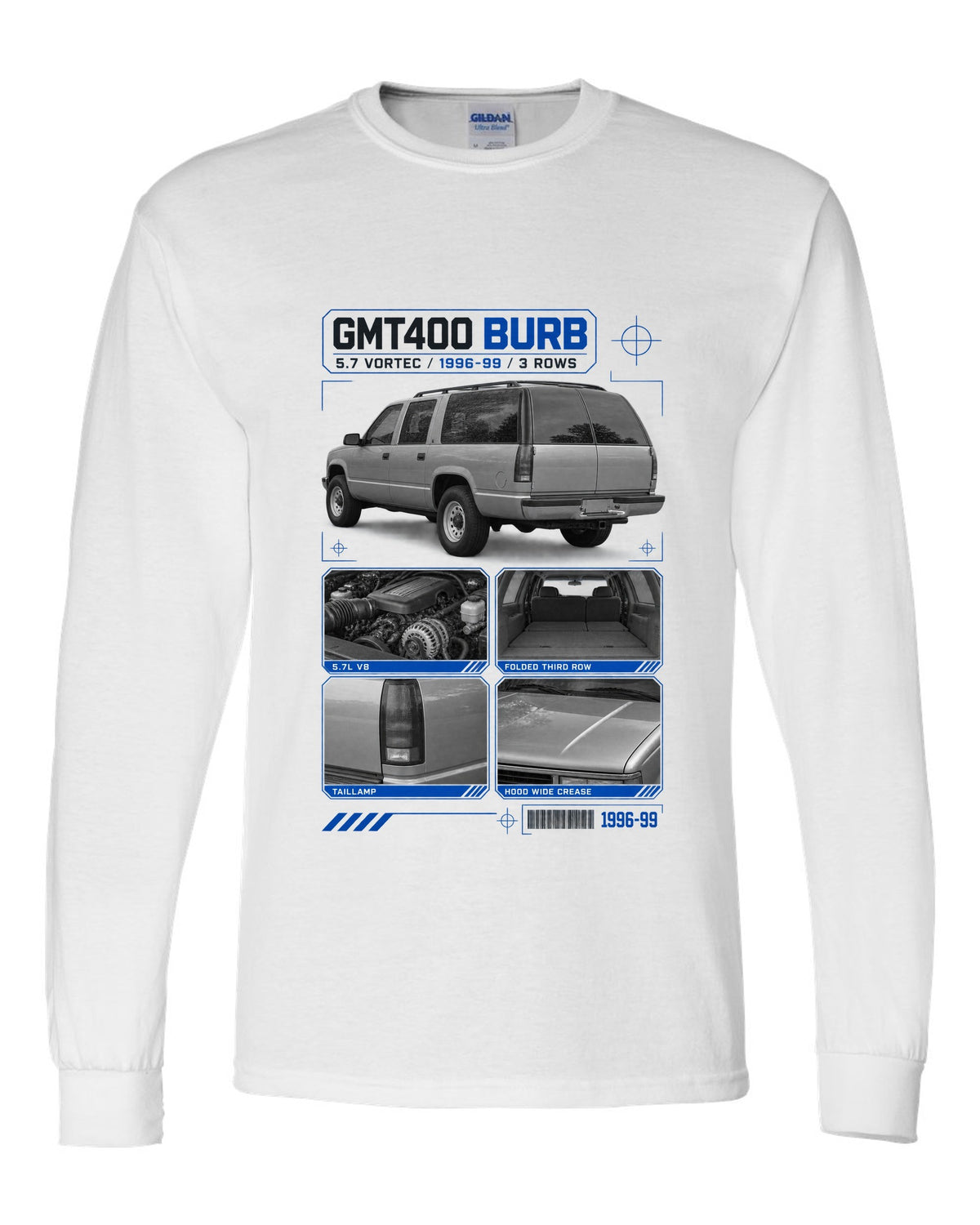 Dossier print of a 1992-99 Chevrolet GMT400 Suburban in a rear three-quarter view white long sleeve front view with the design