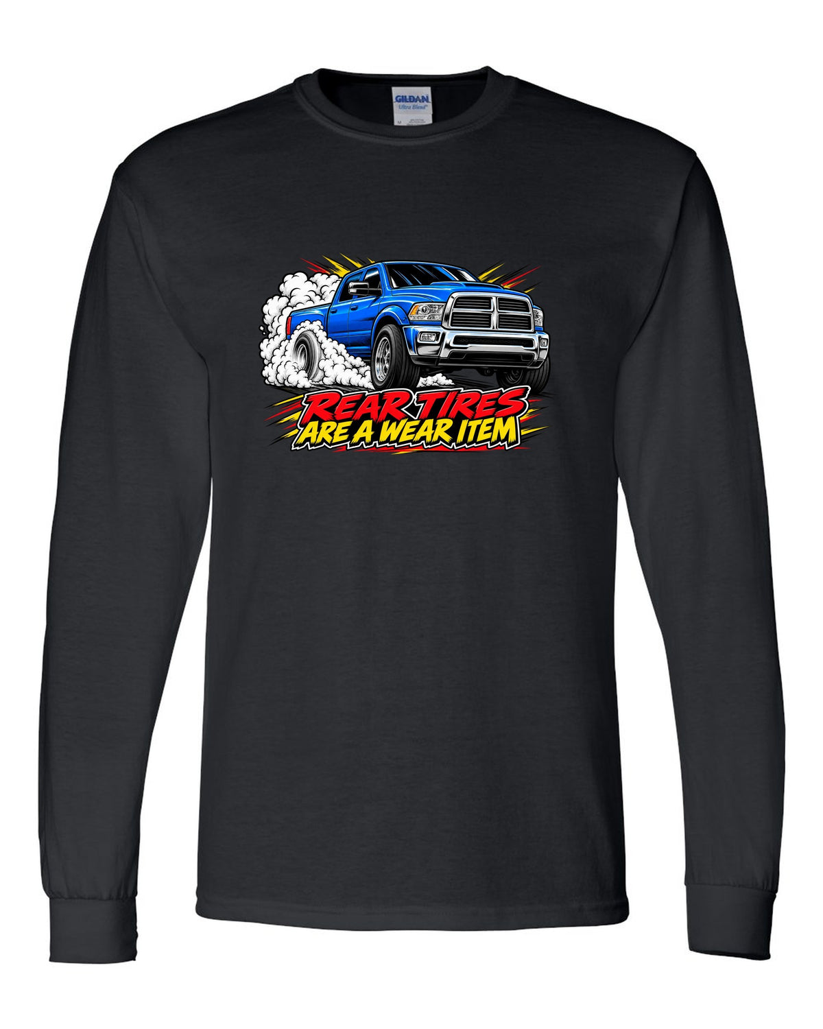 Comic ink burnout print of a 2003-2009 Dodge Ram 2500 5.9 Cummins HO black long sleeve front view with the design