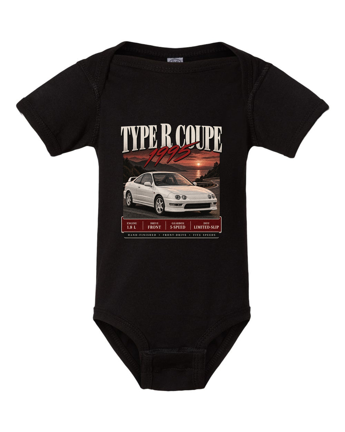 Honda Integra DC2 Type R coupe archive panel design labelled The Teg black baby onesie front view with the design