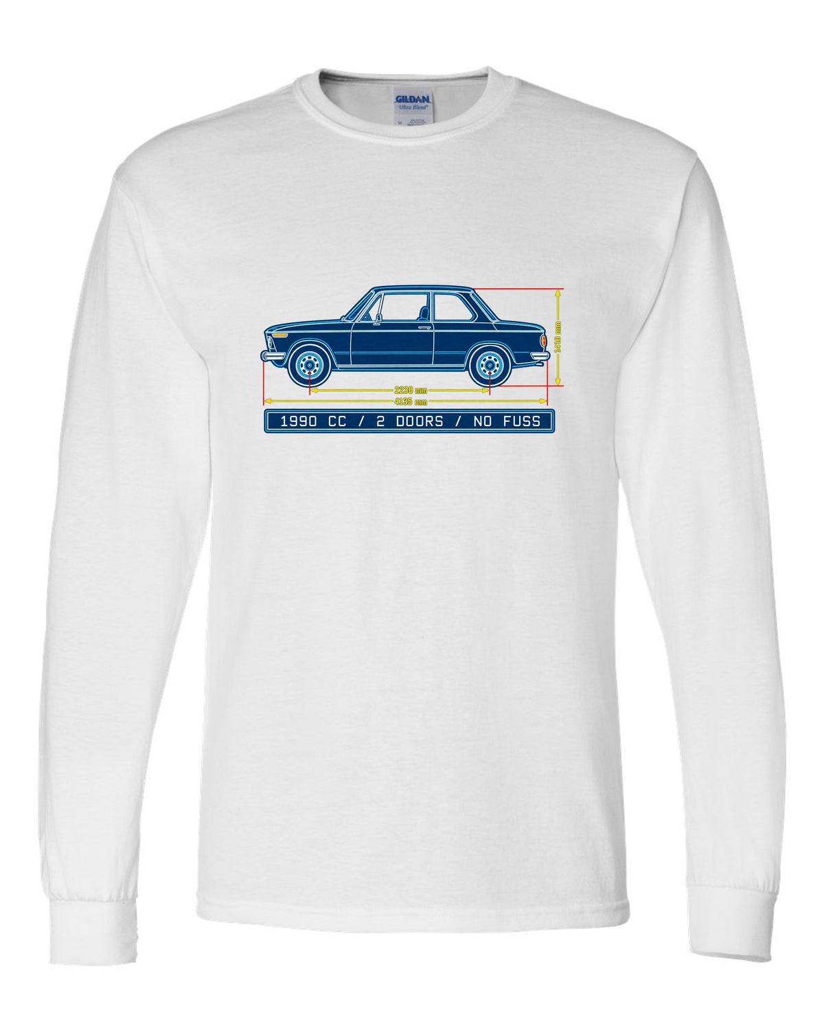 BMW 2002 turbo flared arch linocut woodcut print with 1,672 built text white long sleeve front view with the design