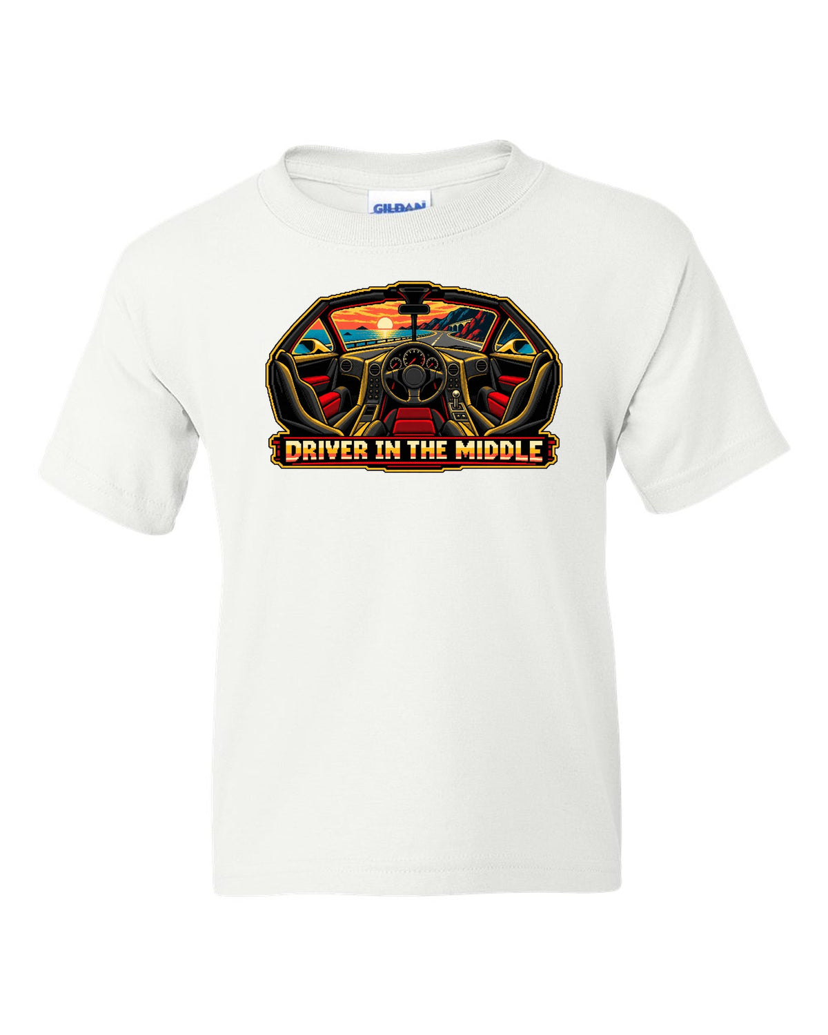 8/16-bit pixel art print of the McLaren F1 with Driver in the Middle lettering white kids tee front view with the design