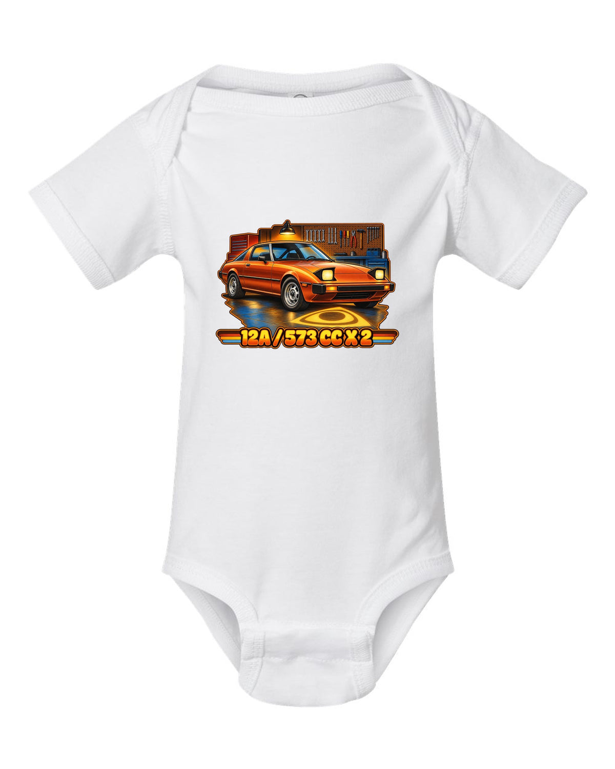 Seventies airbrush poster print of a Mazda RX-7 SA22C with the text 12A, 573 cc x 2 white baby onesie front view with the design