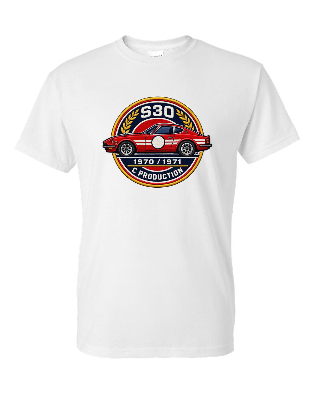 Round crest print for the Datsun 240Z S30 with S30, 1970, 1971 and C Production lettering white t-shirt front view with the design
