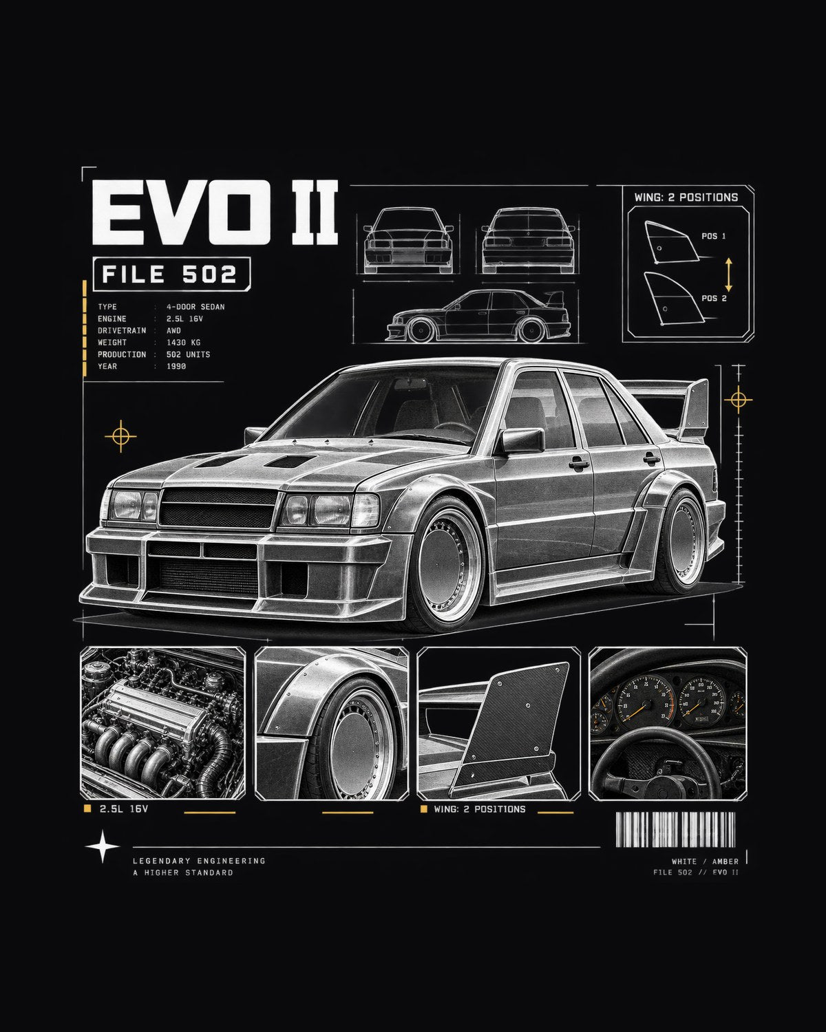 190E Evolution II W201 Dossier Panels Car Shirt, 2.5L 16V design only
